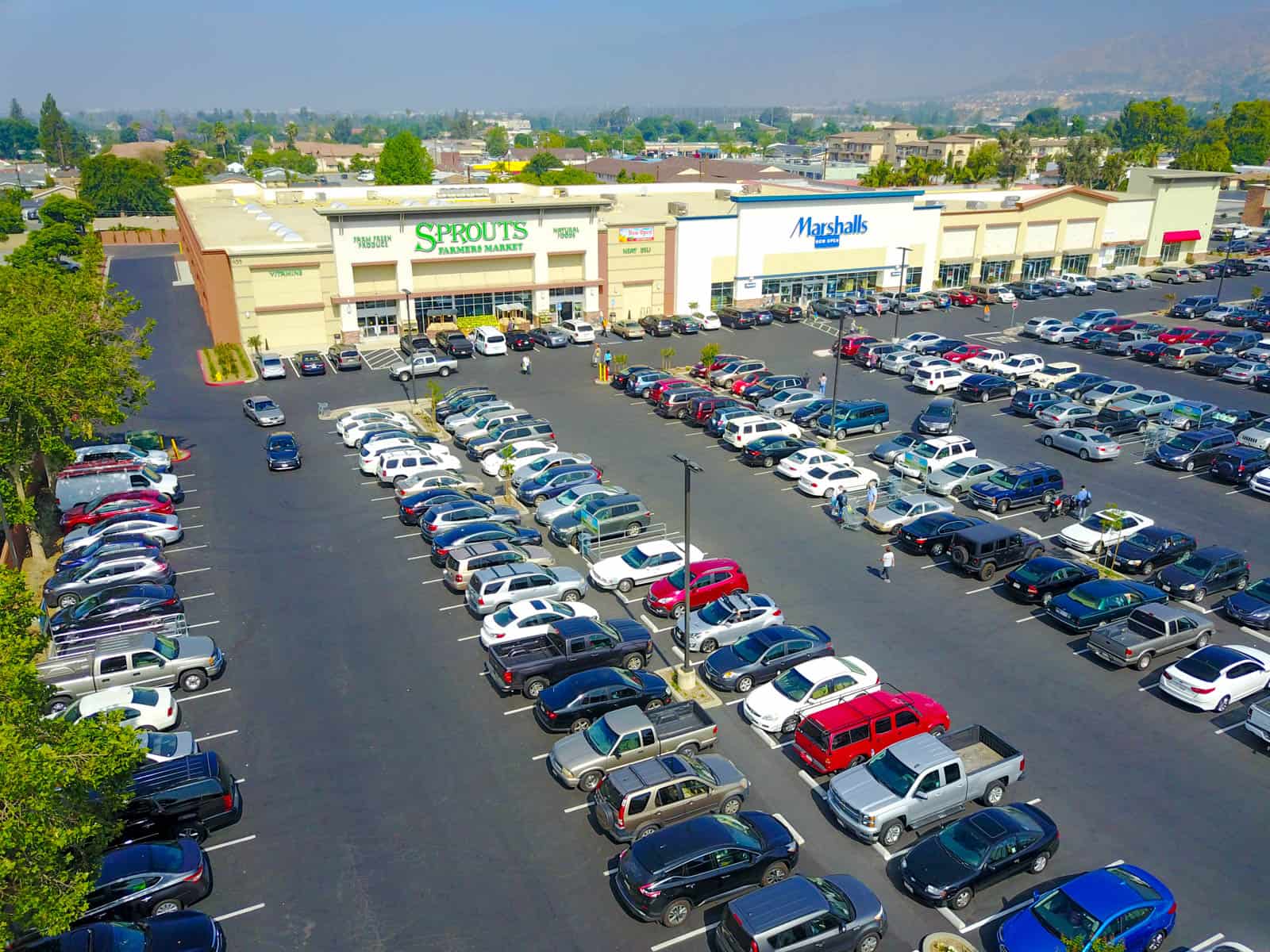 aerial drone photo of commercial shopping center in Alhambra, CA