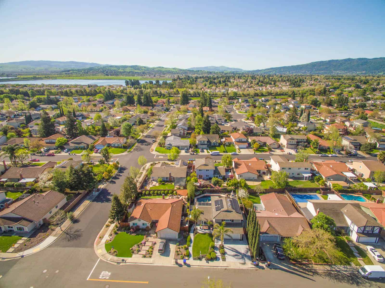 aerial drone photo of residential area in Pleasanton, CA