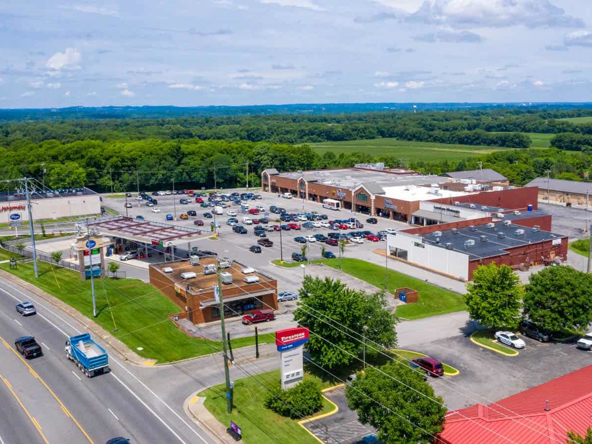 aerial drone photo of shopping plaza in Hermitage, Tennessee