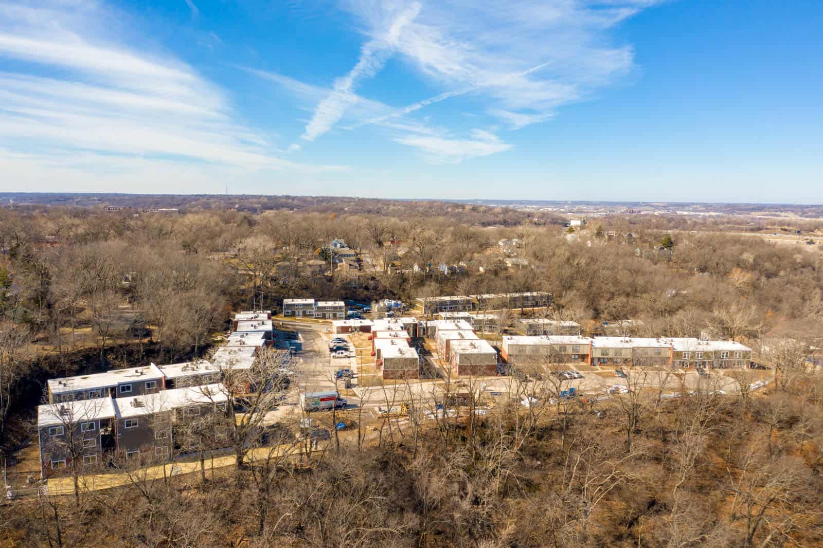 aerial drone photo of apartment community in Kansas City, Missouri