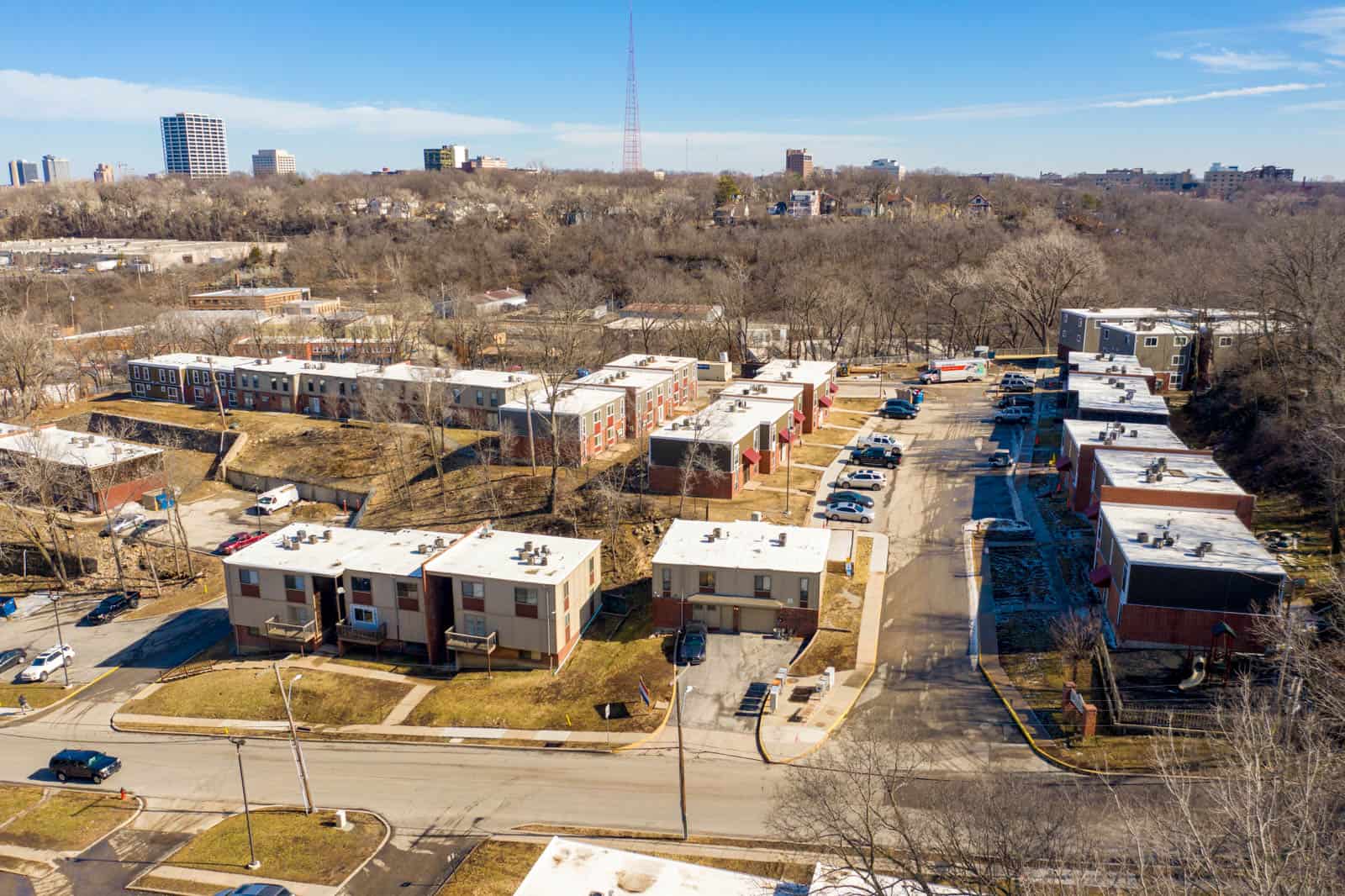 aerial drone photo of apartment community in Kansas City, Missouri