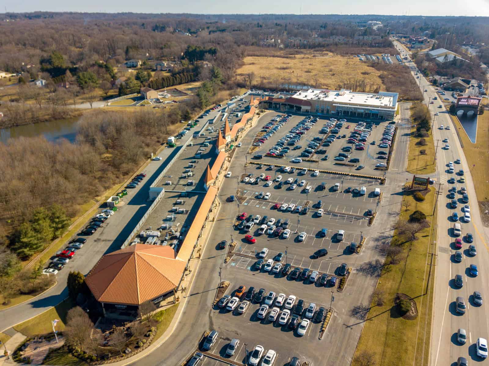 aerial drone photo of strip mall in Glen Mills, Pennsylvania