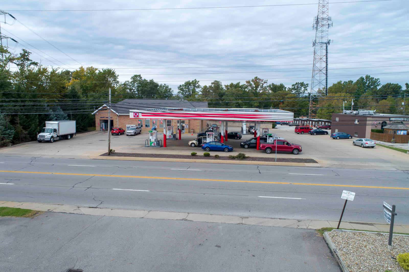 aerial drone photo of gas station taken from across the street in Northfield, Ohio