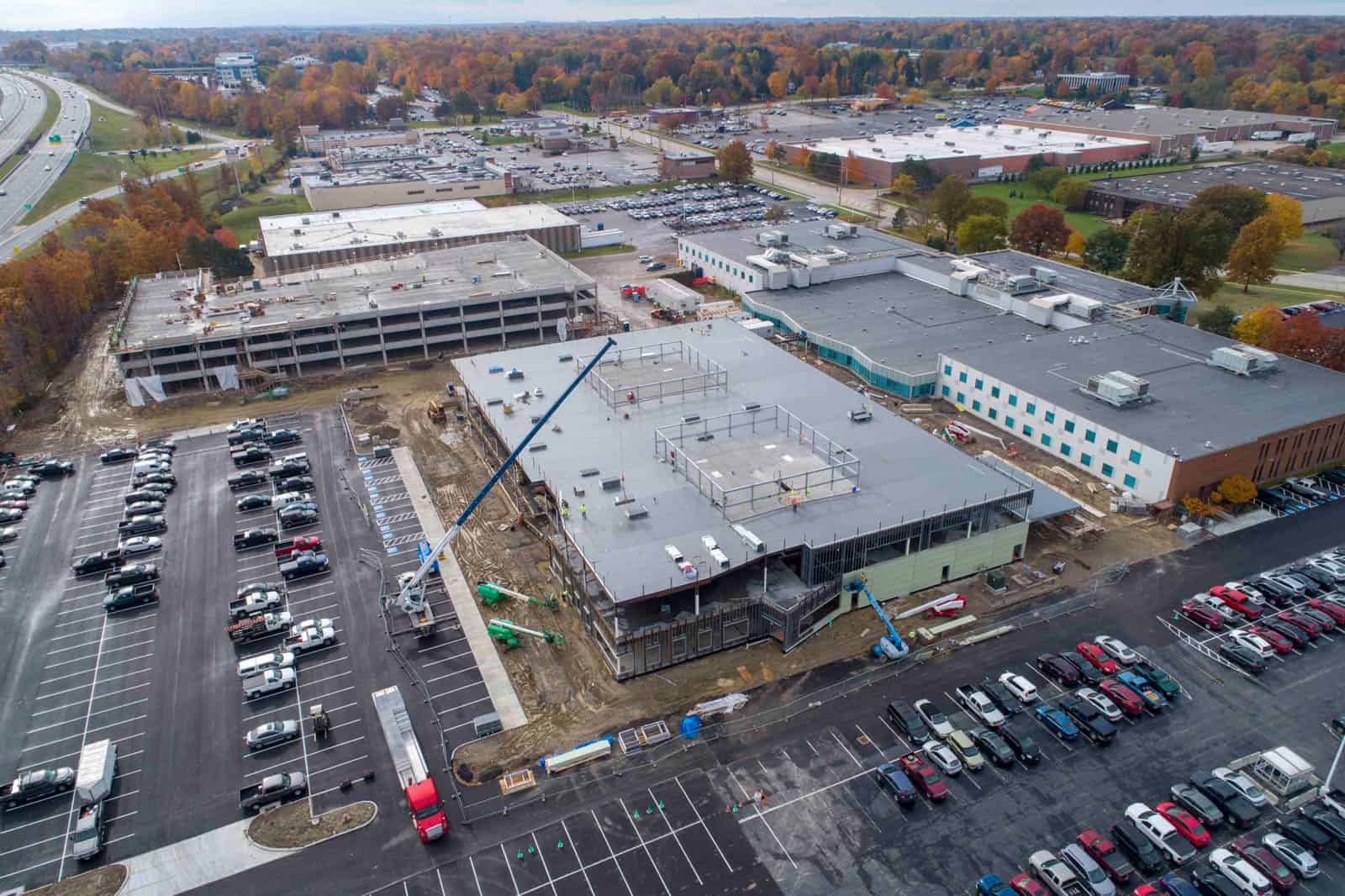 aerial drone photo of commercial office building and parking garage construction project in Highland Heights, Ohio