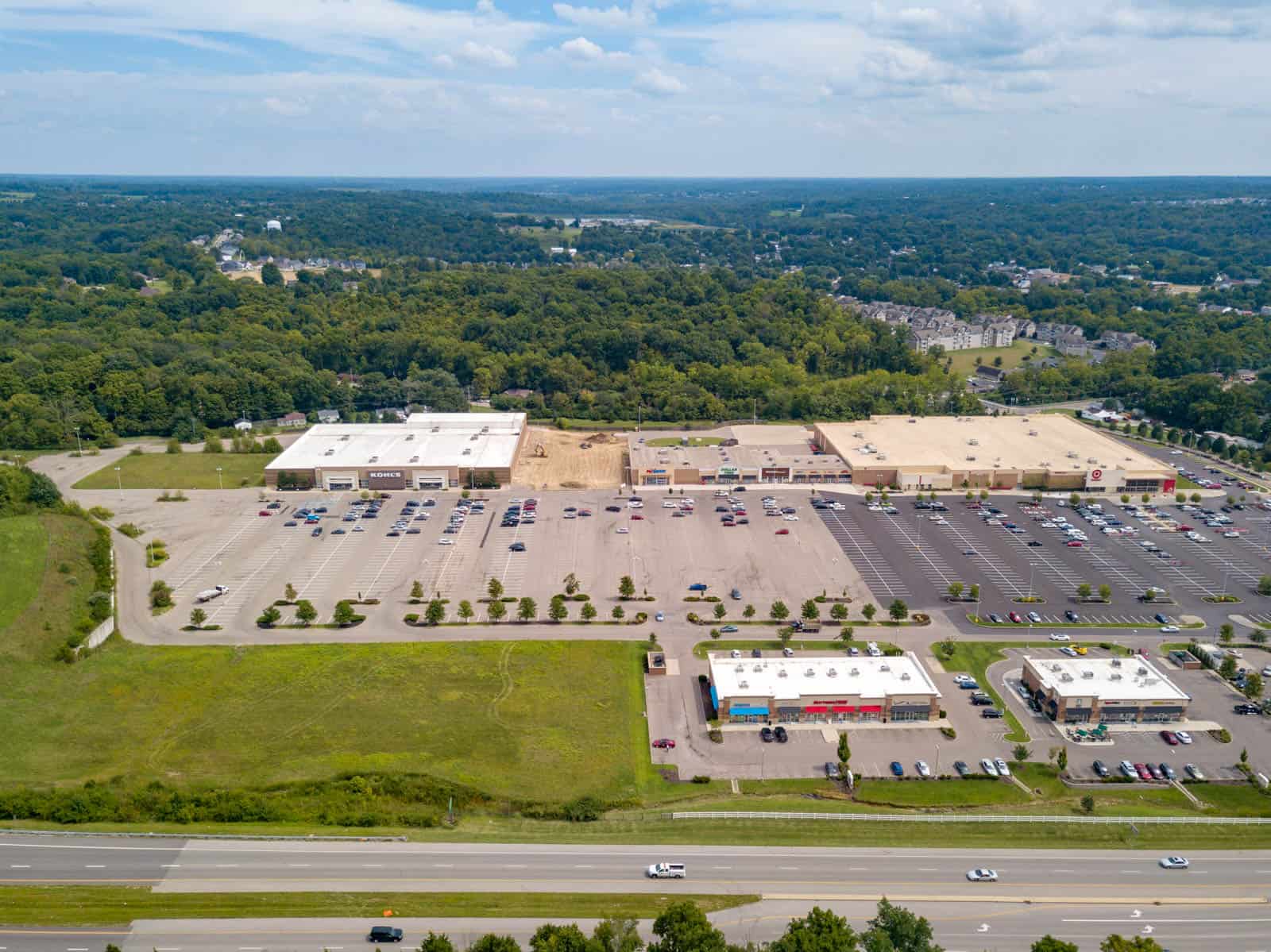 aerial drone photo of commercial strip mall in South Lebanon, Ohio