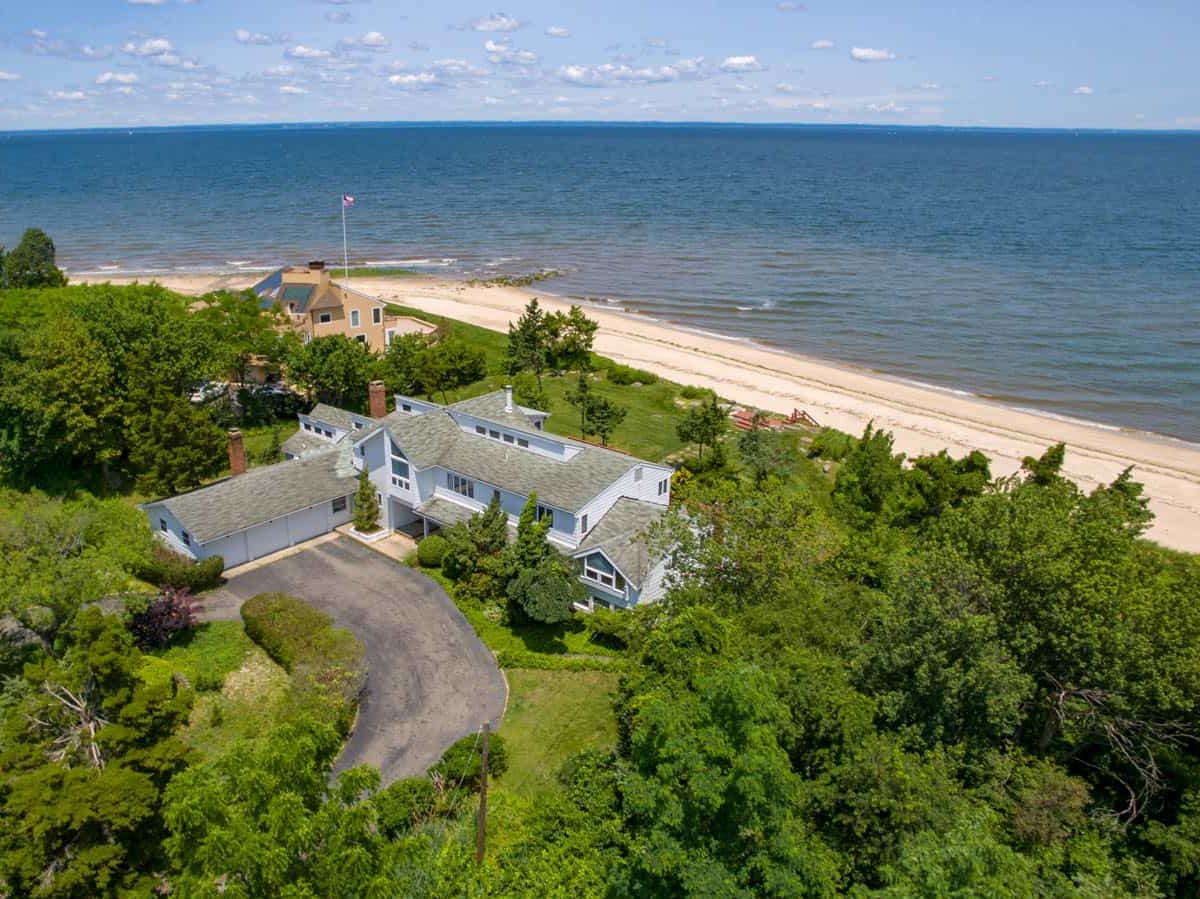 drone photo of beach front property in Northport, NY