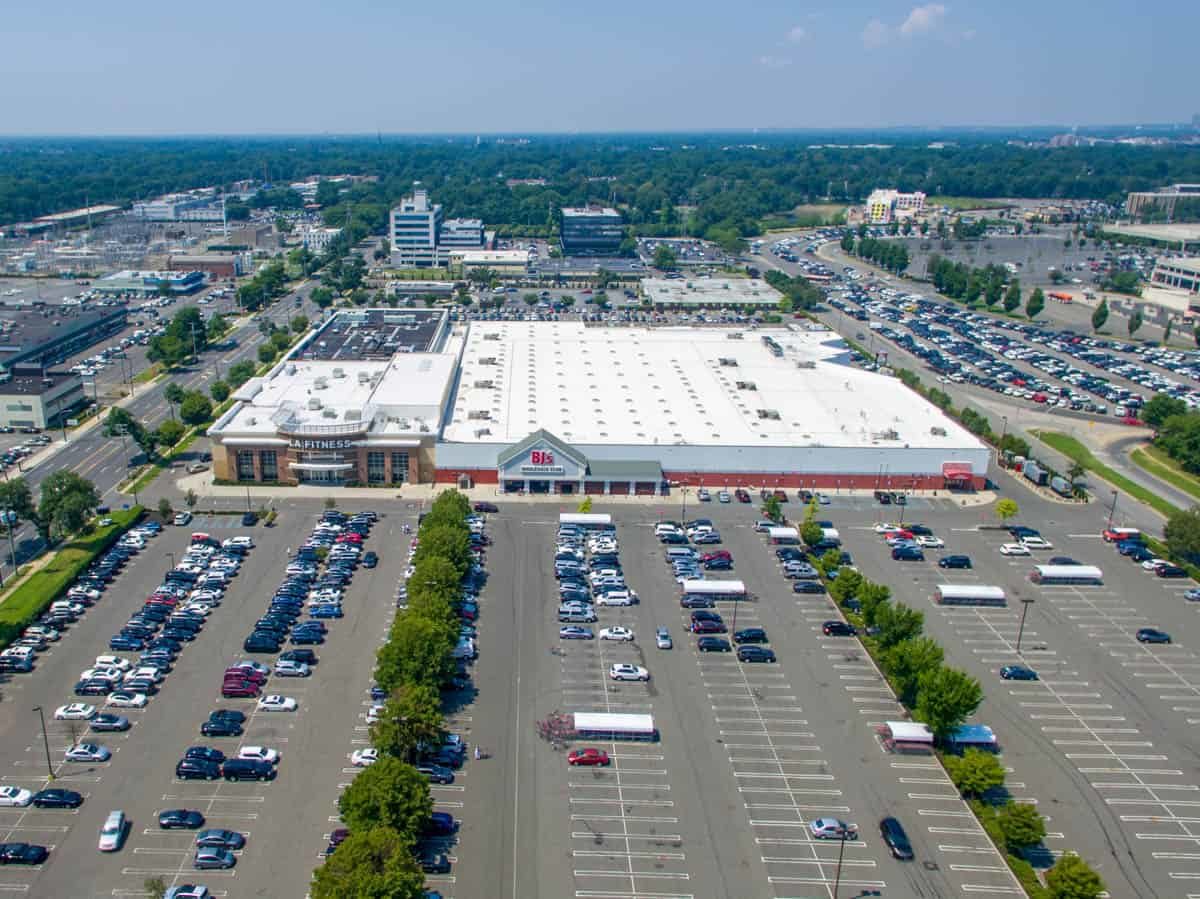 drone photo of BJ's commercial shopping center in Garden City, New York