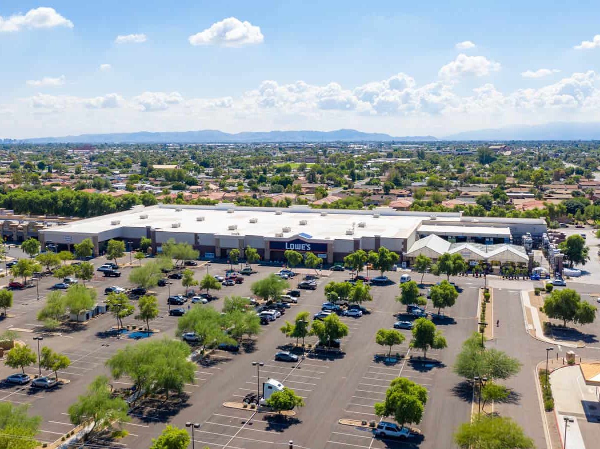 drone photo of commercial strip mall in Glendale, AZ