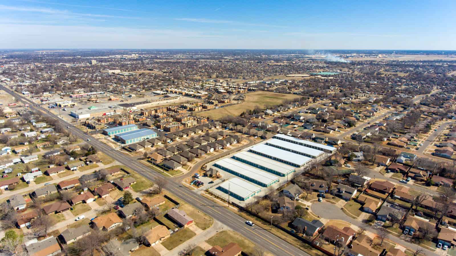 high altitude aerial drone photo of storage unit facility in Oklahoma