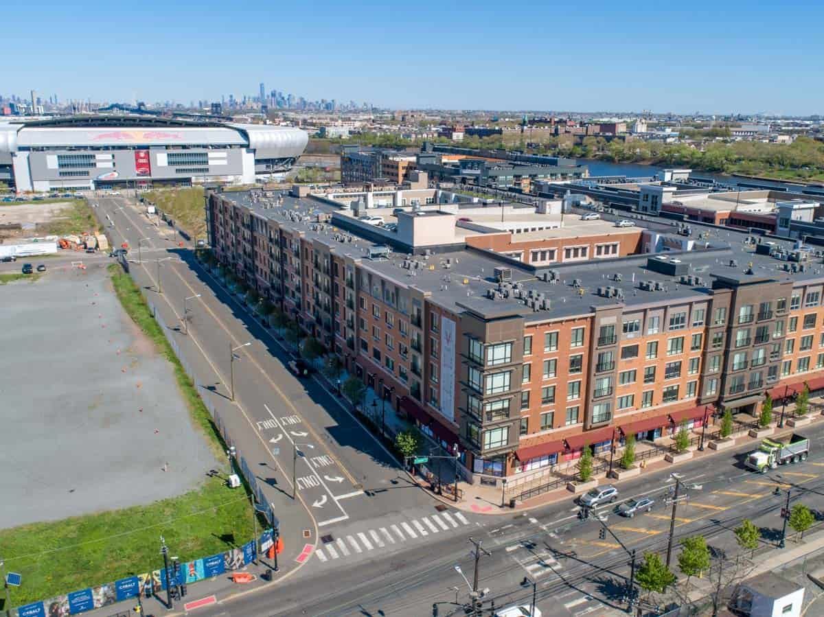 aerial drone photo of hotel next to Red Bull Arena in Harrison, NJ