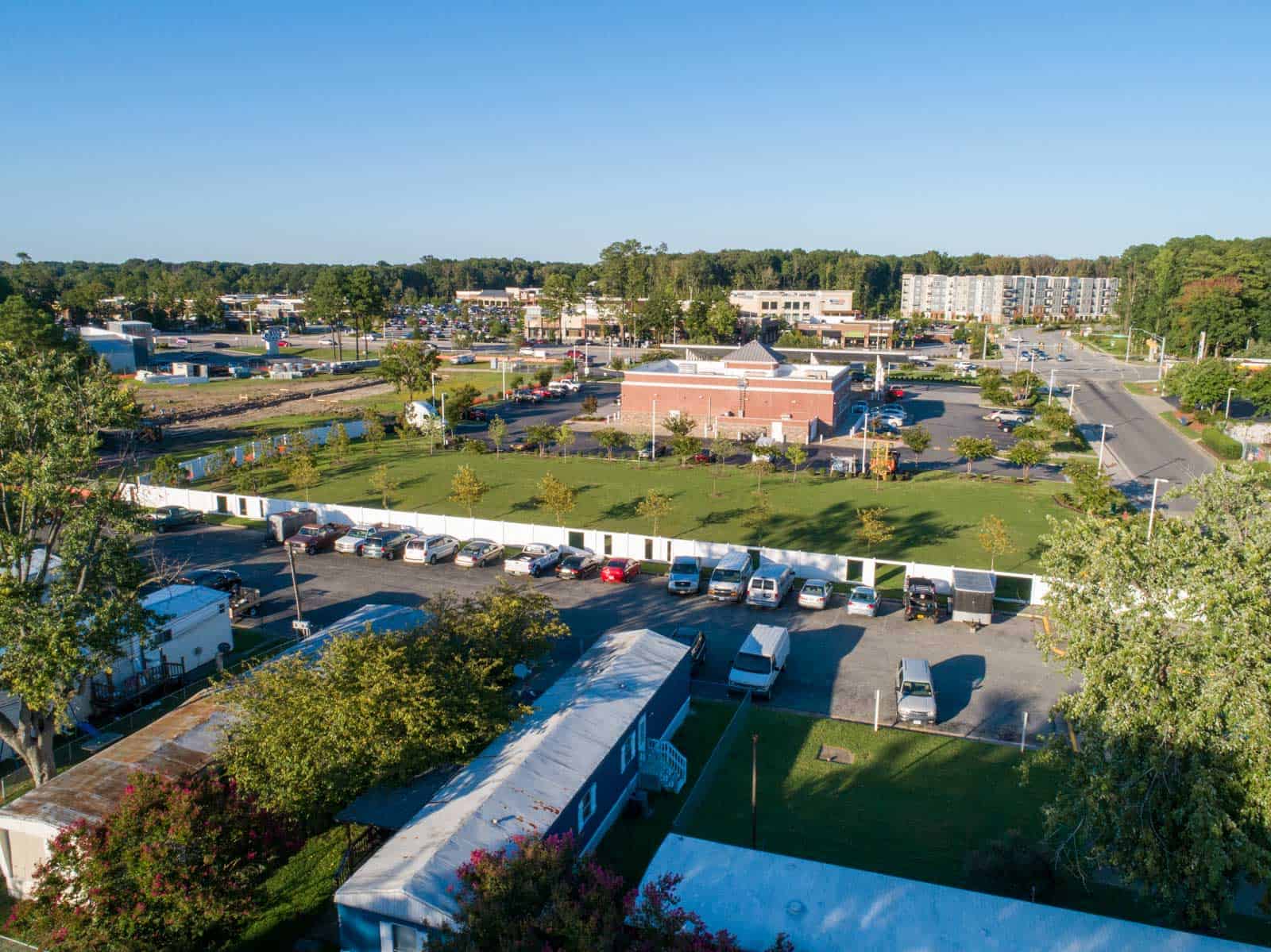 aerial drone photo of tech center building taken from above mobile home community in Newport News, VA