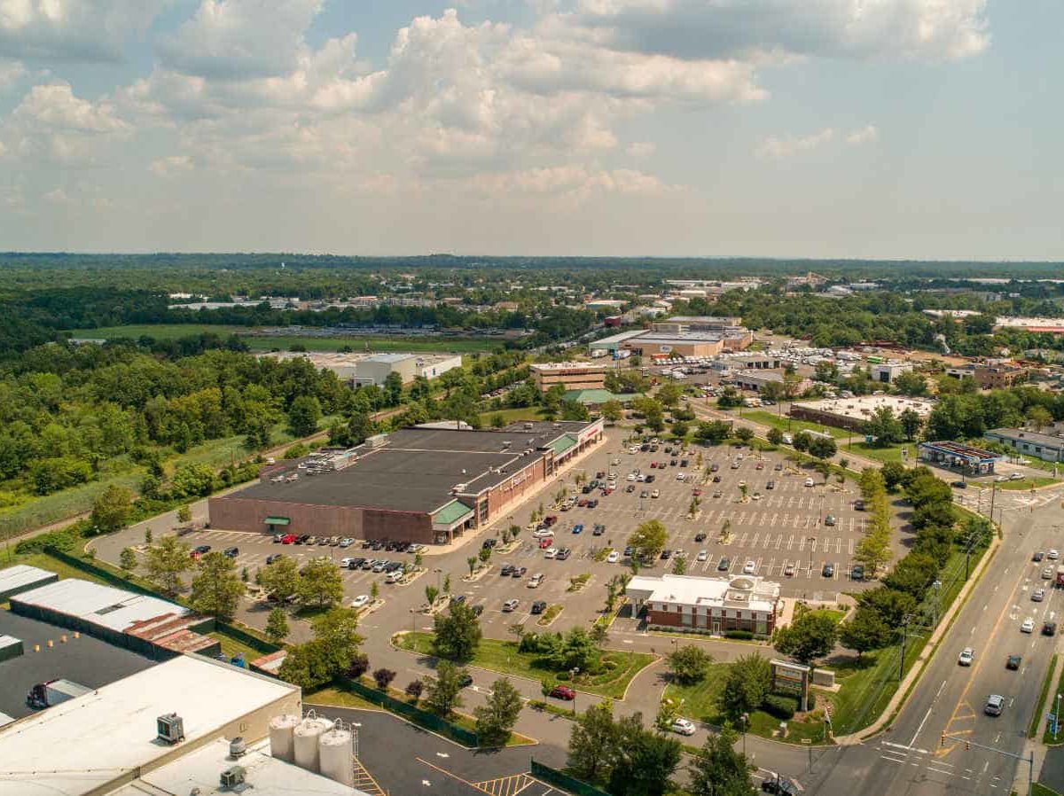 aerial drone photo of commercial shopping plaza in Piscataway, NJ