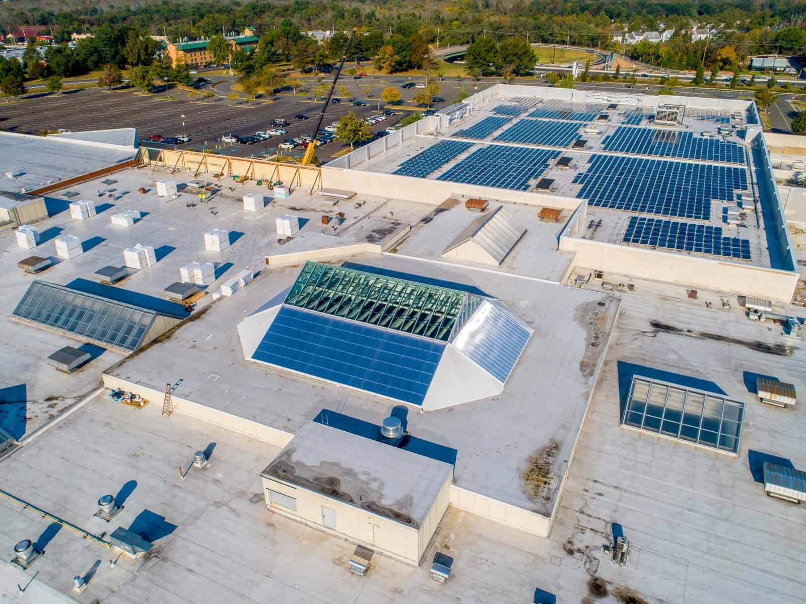 aerial drone photo of skylight installed in mall in Lawrence Township, NJ