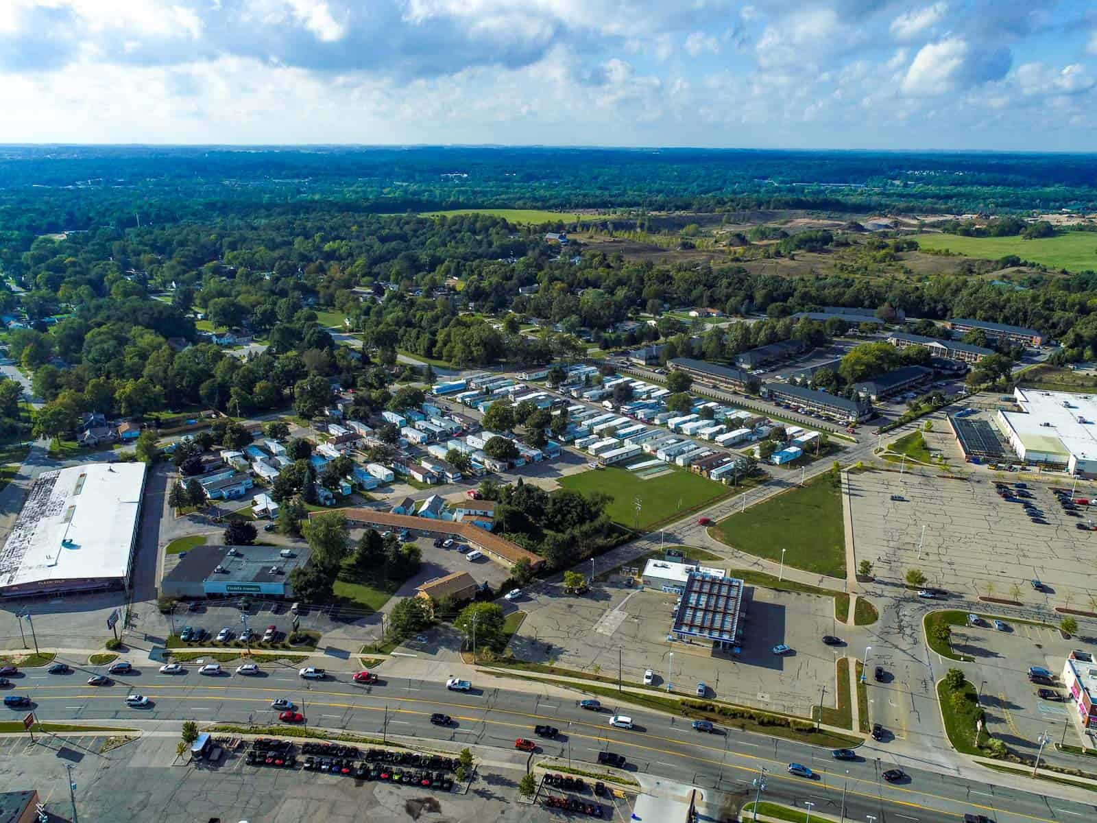 high altitude drone photo of residential trailer park and surrounding area in Grand Rapids, MI