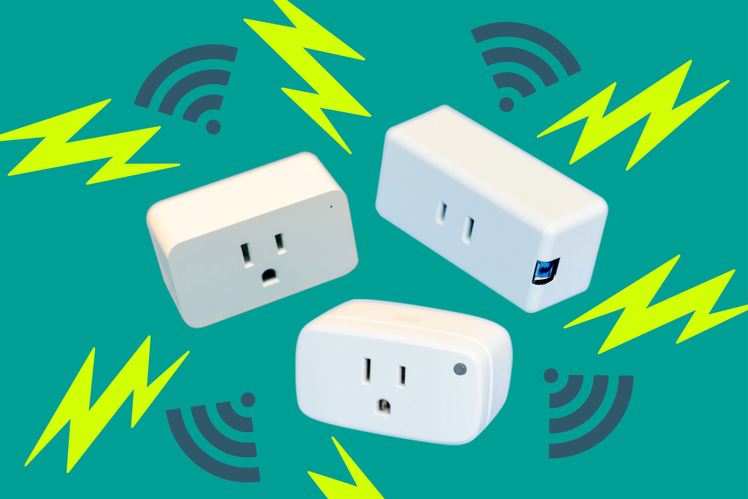 Photo illustration of different smart plugs on a background of wifi symbols and electricity.