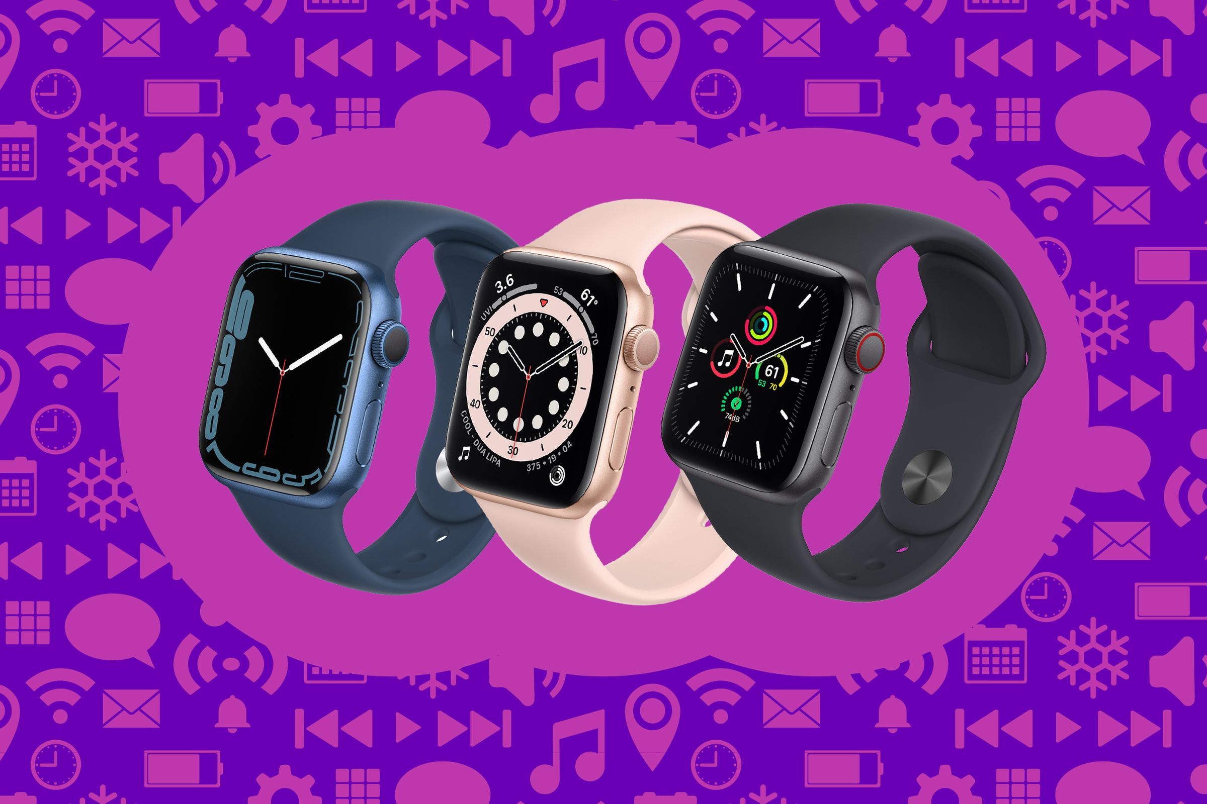 Renders of various Apple Watch models on a colorful illustrated background.