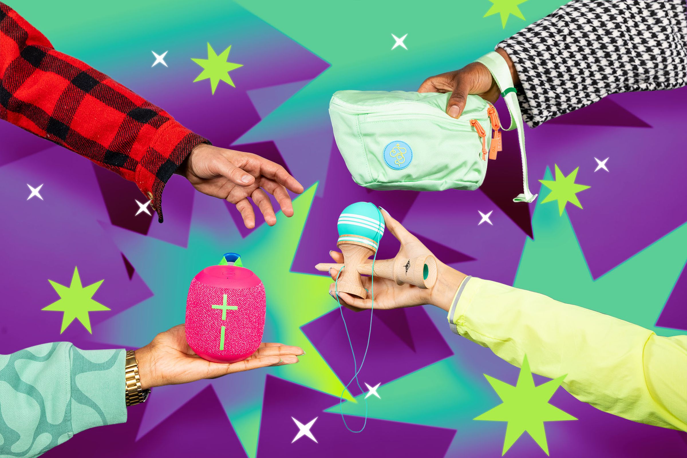 Photo illustration of hands holding various products on a brightly colored background of stars.