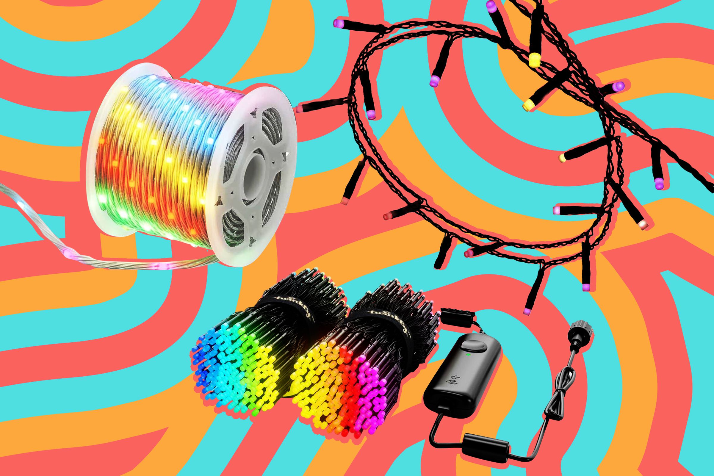 Photo illustration of a variety of string lights on a graphic swirly background