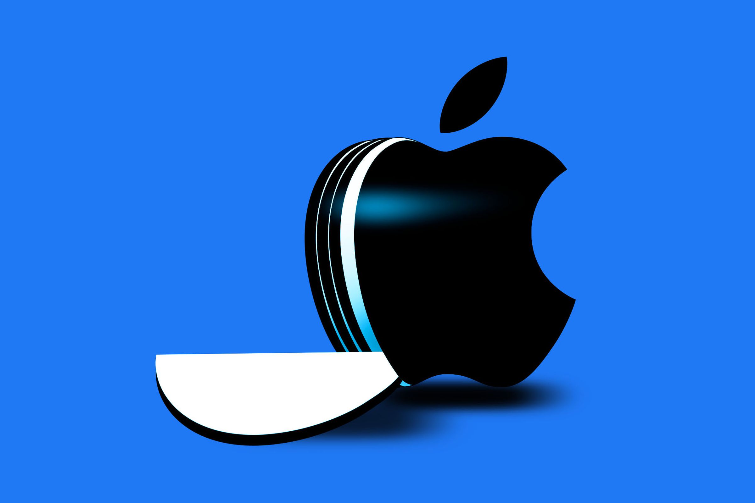 Illustration of the Apple logo with a slice falling out of it, implying breaking up a monopoly.