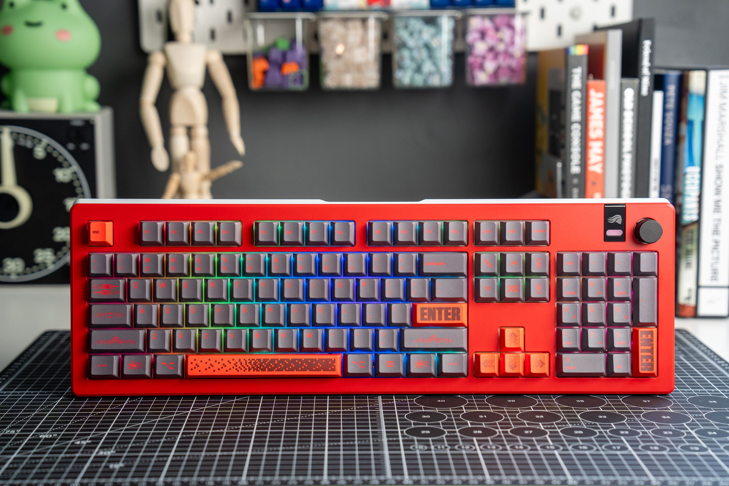 The Glorious GMMK 3 Pro full-size mechanical keyboard propped upright on a desk.