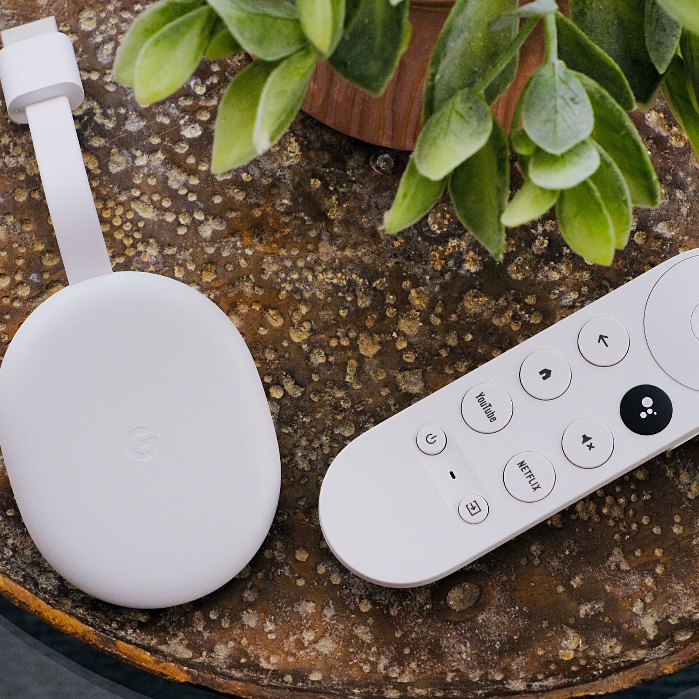 An image of the Chromecast with Google TV HD and its remote control next to a plant.