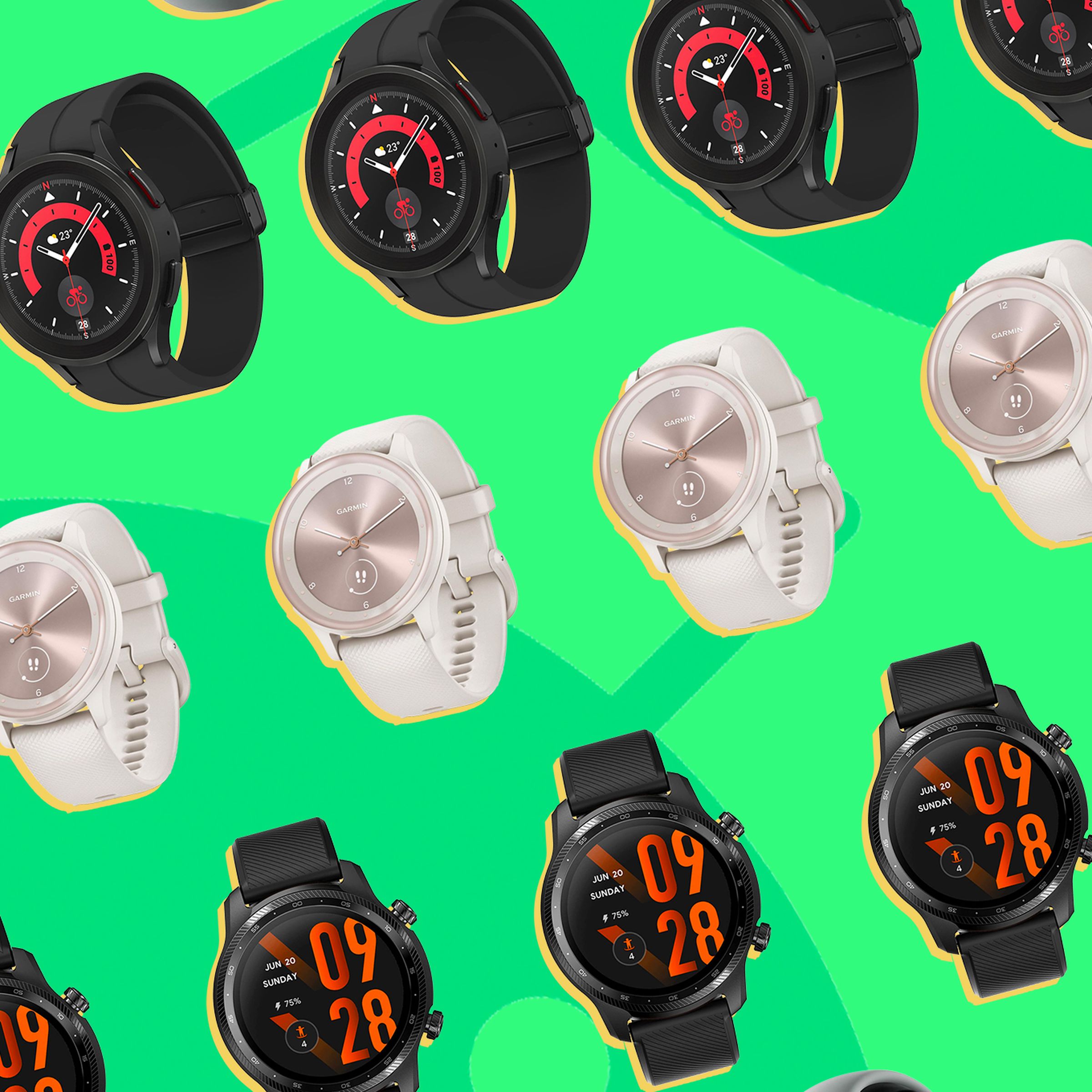 Renders of various Android-compatible smartwatches on a green background