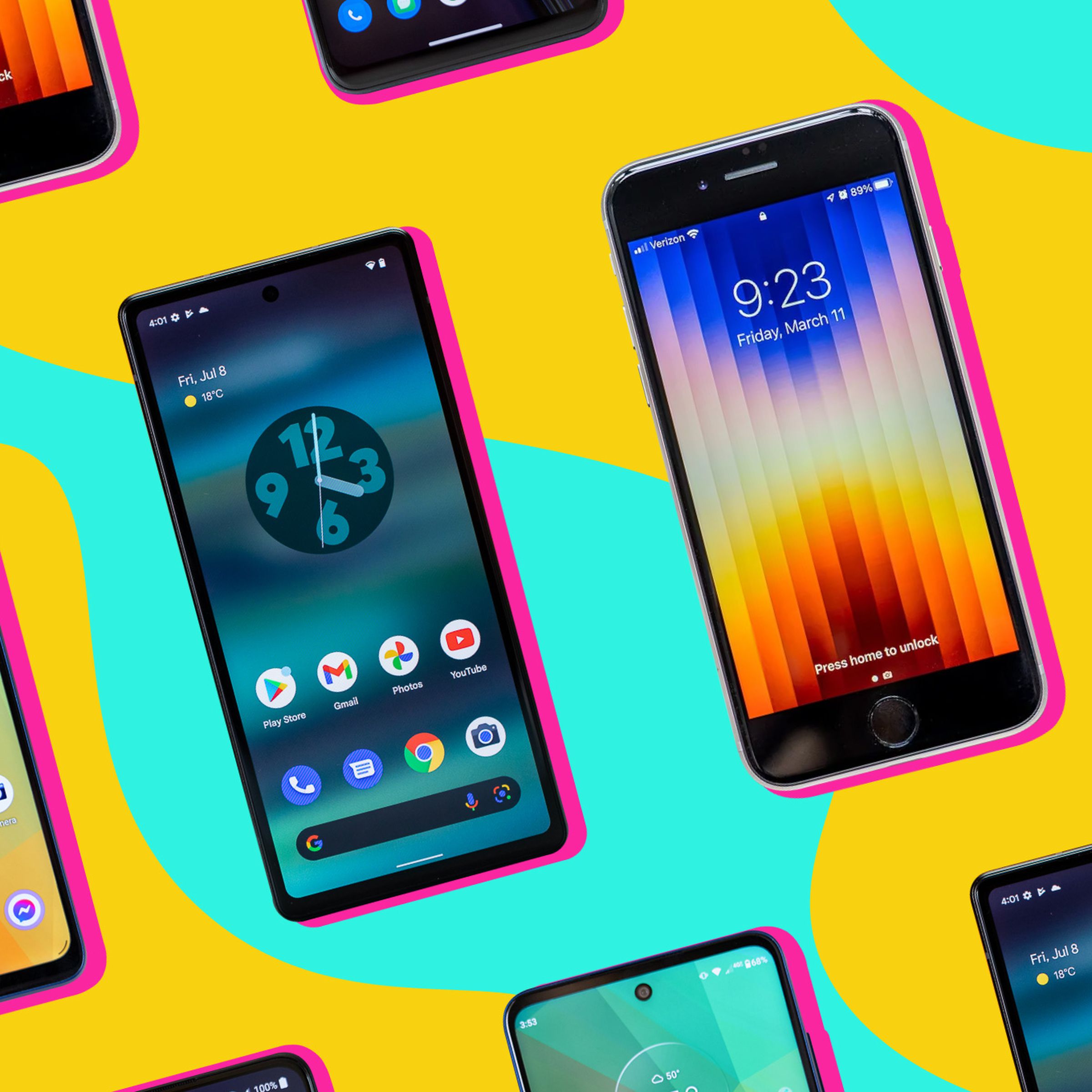 Phones from Google, Apple, and Samsung on a colorful illustrated background.