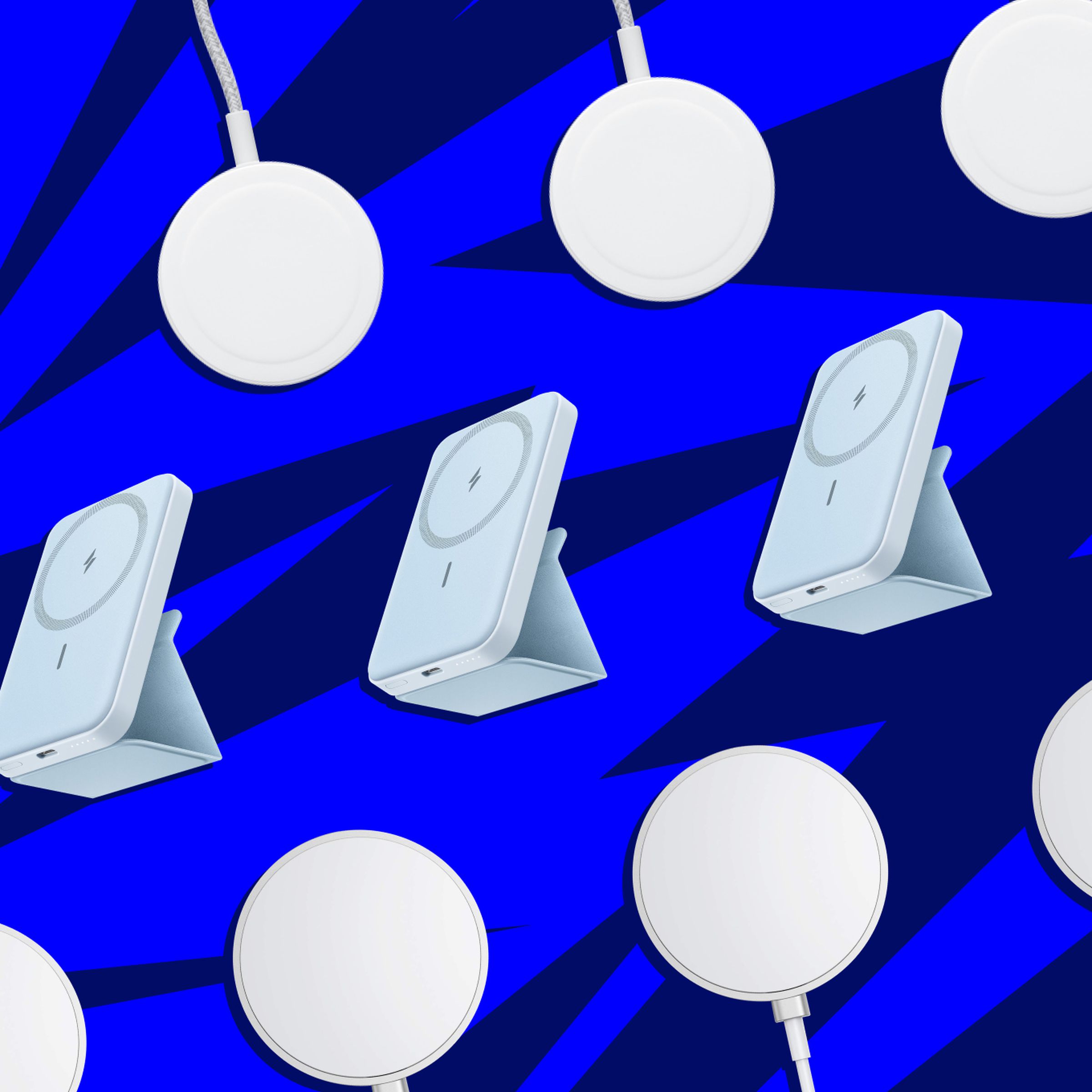 An illustration of repeating magnetic charging pucks and magnetic power banks, tiled across a dark blue background with a subtle lightning bolt pattern.