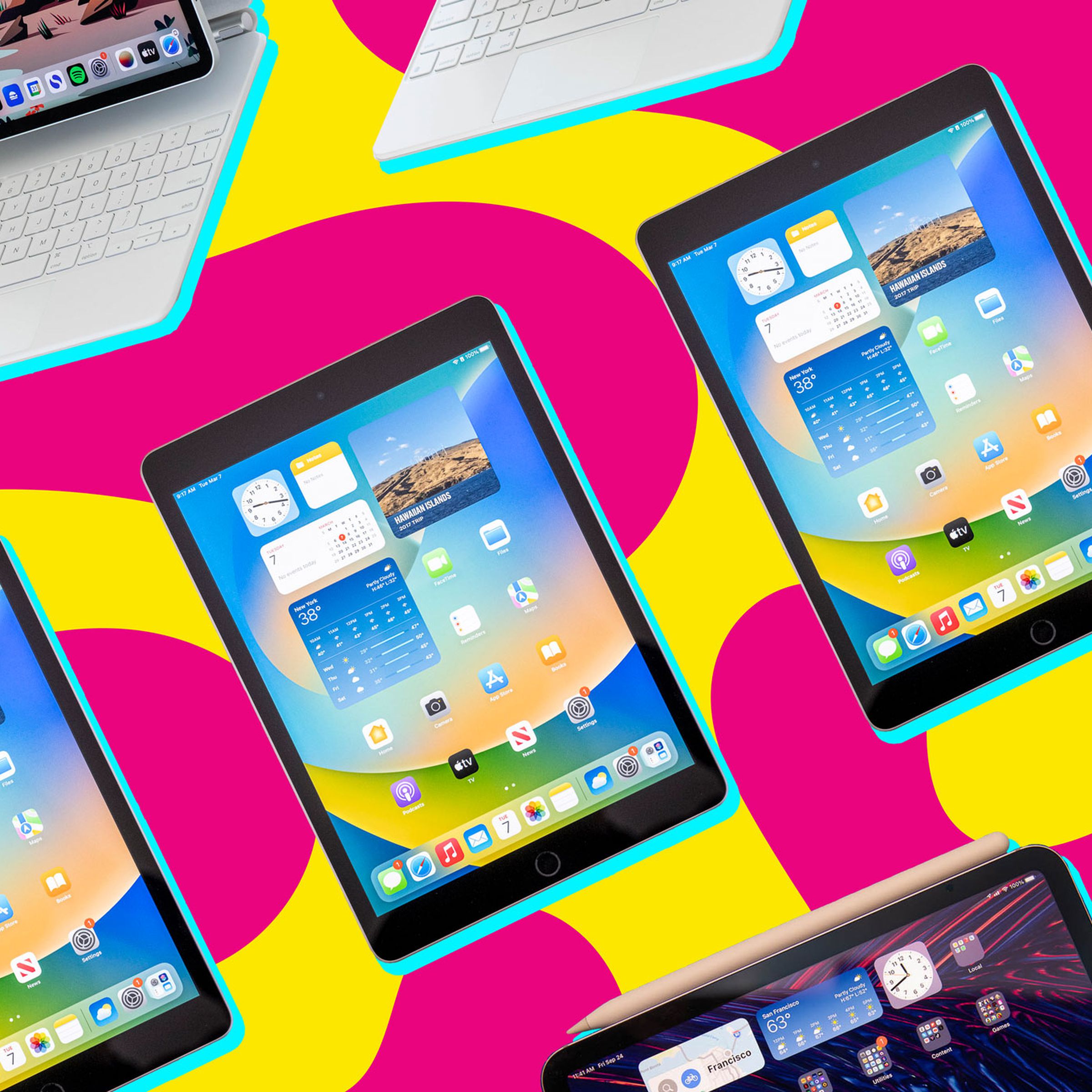 Various iPads in the air against a pink and yellow background.