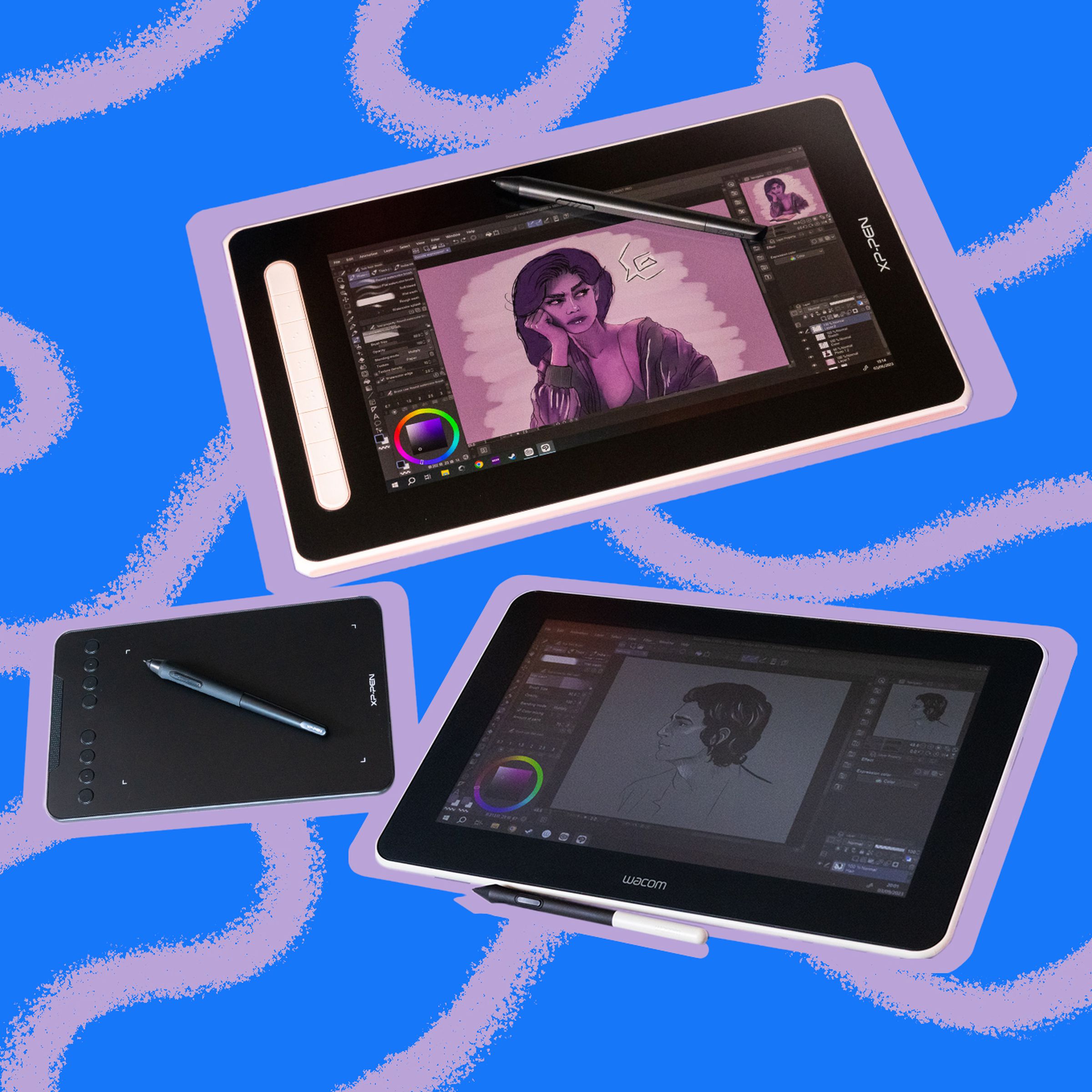 Photo illustration of three different drawing tablets on a swirly textured background.