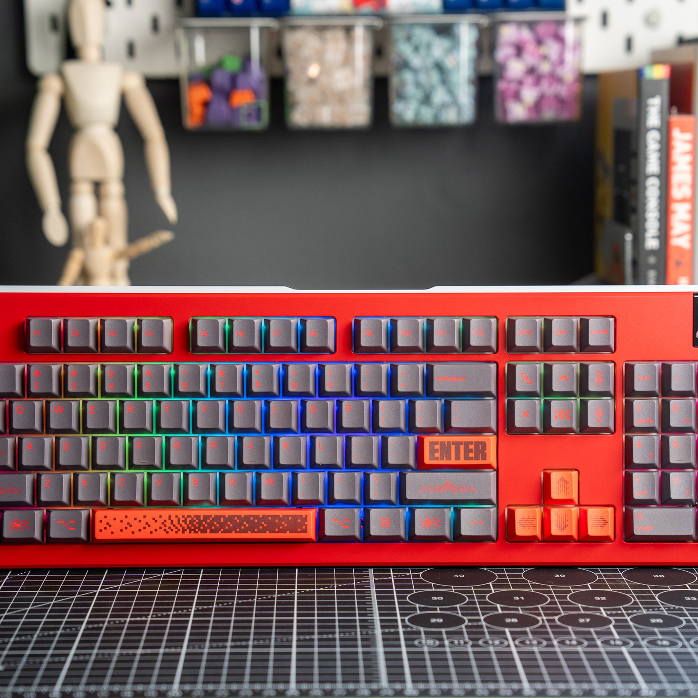 The Glorious GMMK 3 Pro full-size mechanical keyboard propped upright on a desk.