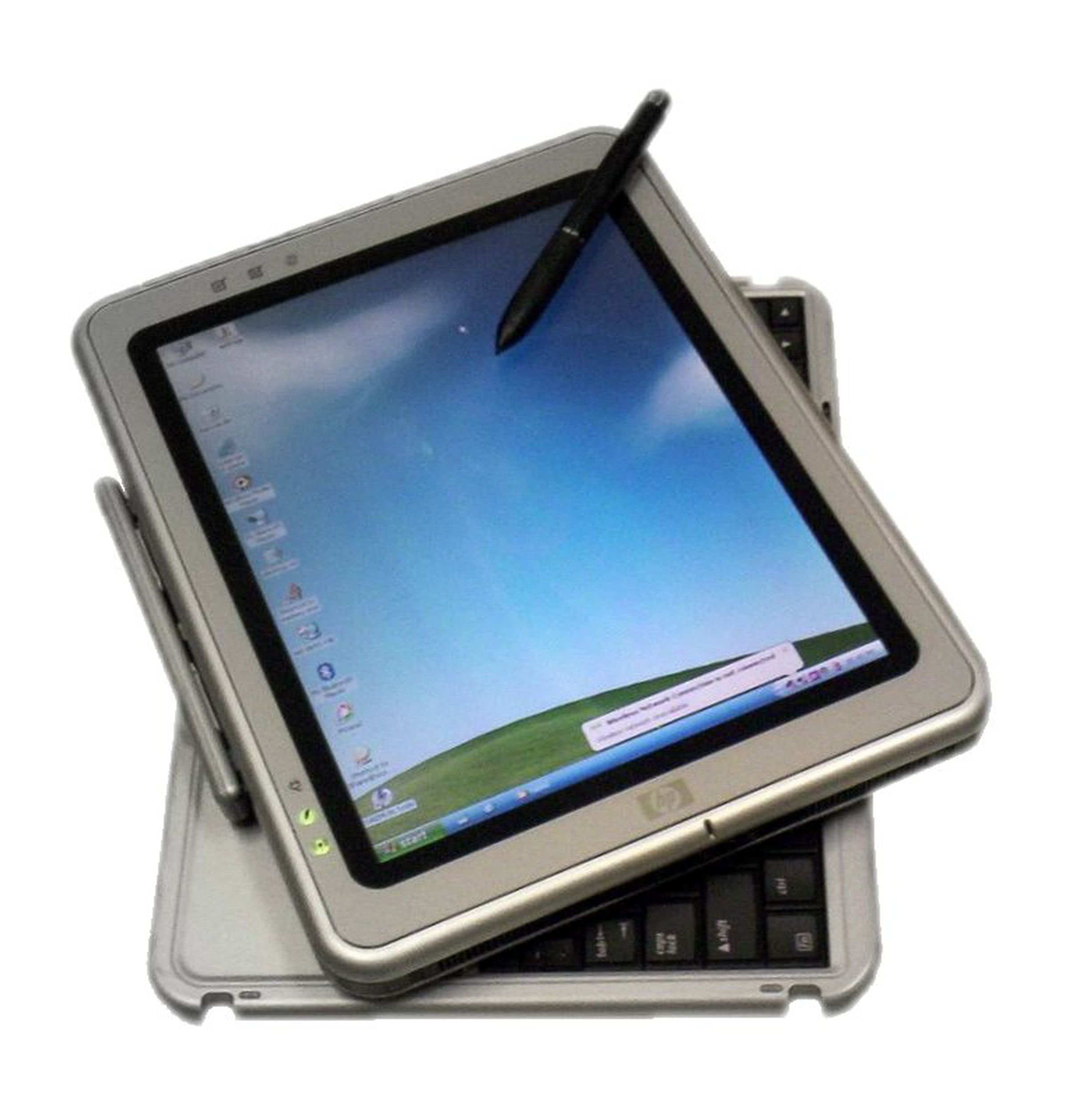 A picture of an HP Tablet PC with detachable laptop keyboard and stylus.