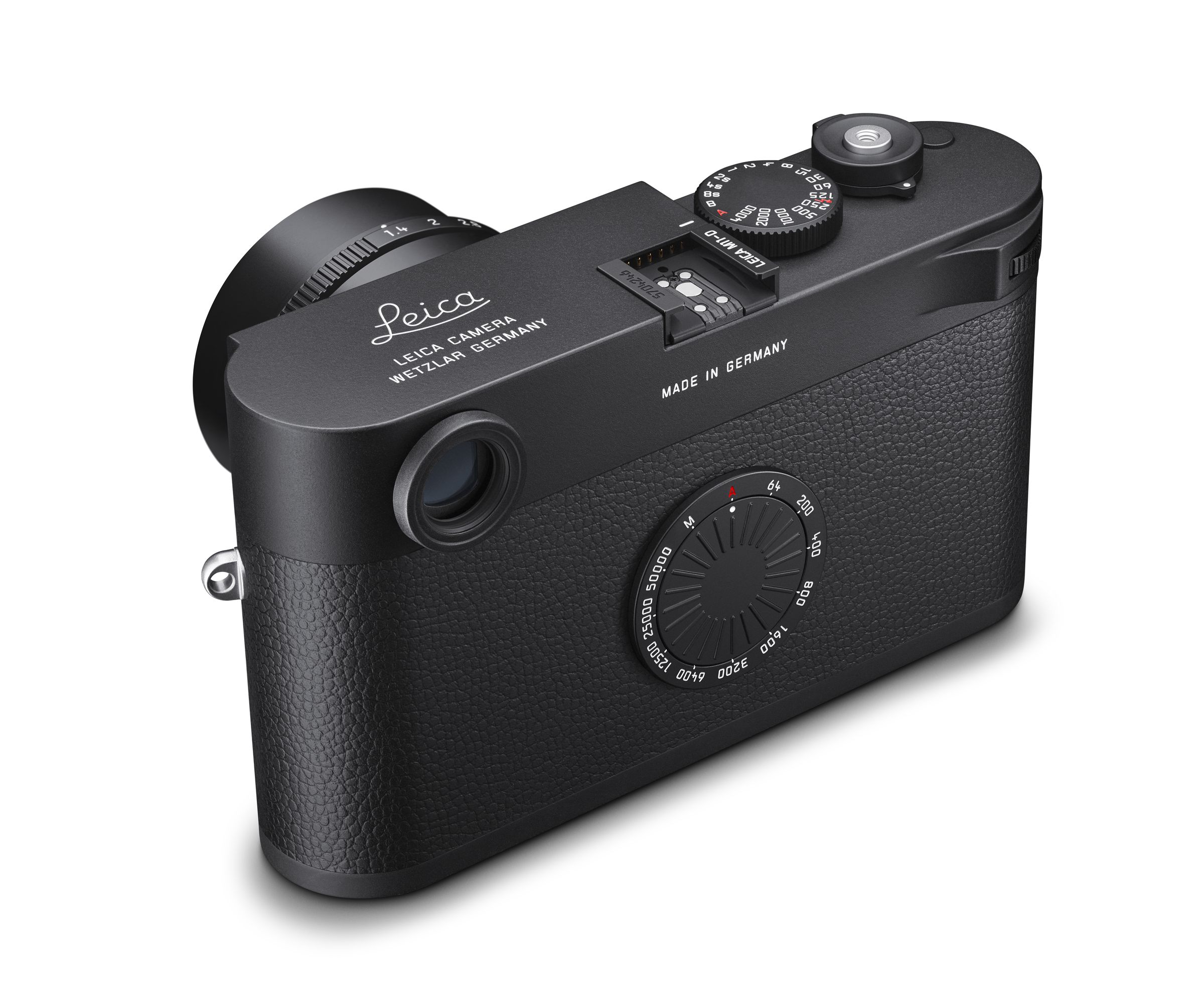 A three-quarter rear view of the Leica M11-D digital rangefinder camera and its rear ISO dial in place of an LCD.