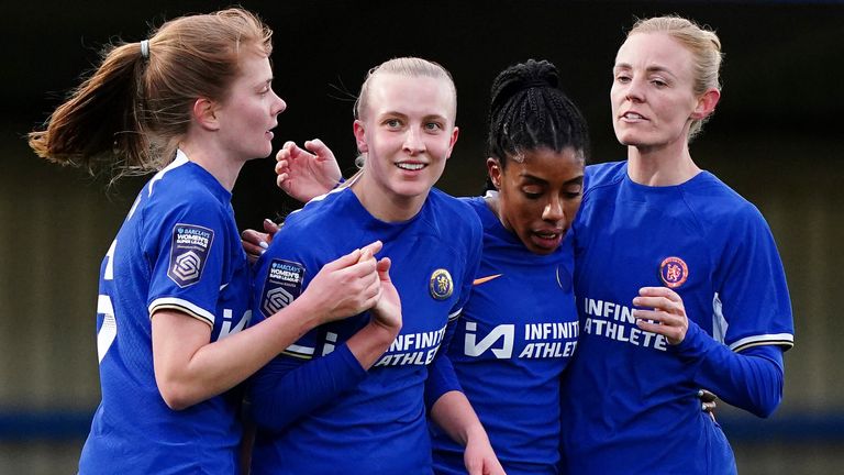 Aggie Beever-Jones is congratulated after giving Chelsea the lead against Aston Villa