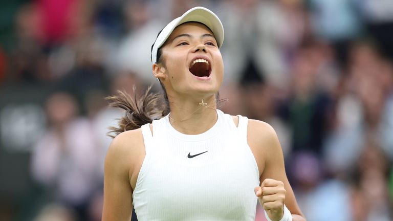 LONDON, ENGLAND - JULY 3: Emma Raducanu (GBR) celebrates after winning her Ladies... Singles Second Round match against Elise Mertens (BEL) during day three of The Championships Wimbledon 2024 at All England Lawn Tennis and Croquet Club on July 3, 2024 in London, England. (Photo by Rob Newell - CameraSport/CameraSport via Getty Images)