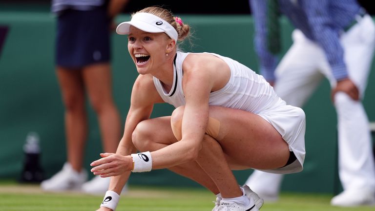 Harriet Dart celebrates beating Katie Boulter (not pictured) on day four of the 2024 Wimbledon Championships at the All England Lawn Tennis and Croquet Club, London. Picture date: Thursday July 4, 2024.