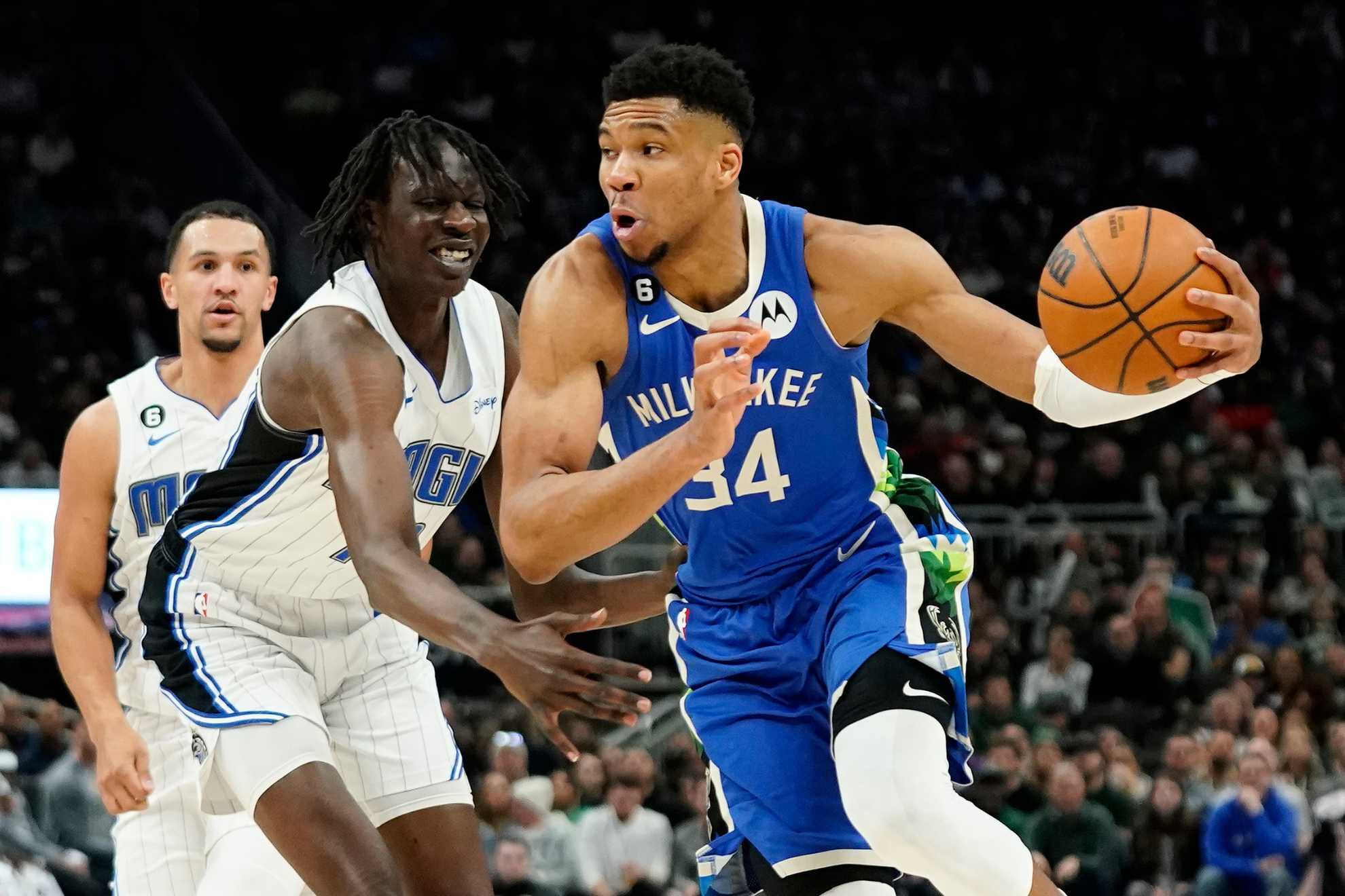 Giannis Antetokounmpo drives against Orlando Magics Bol Bol on Wednesday nights Bucks win.