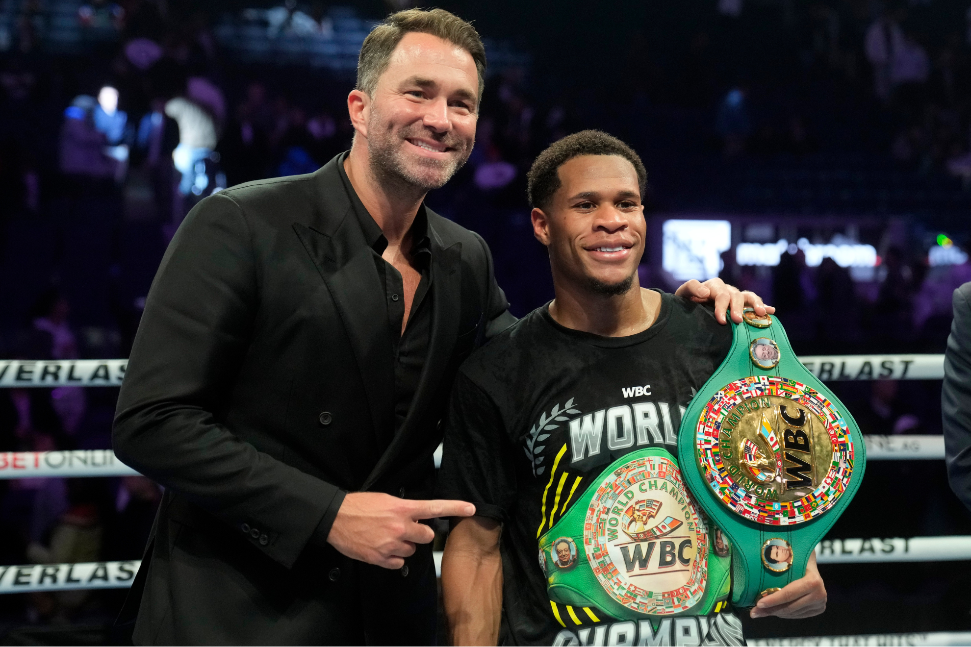 Eddie Hearn with Devin Haney after the boxers win over Regis Prograis.