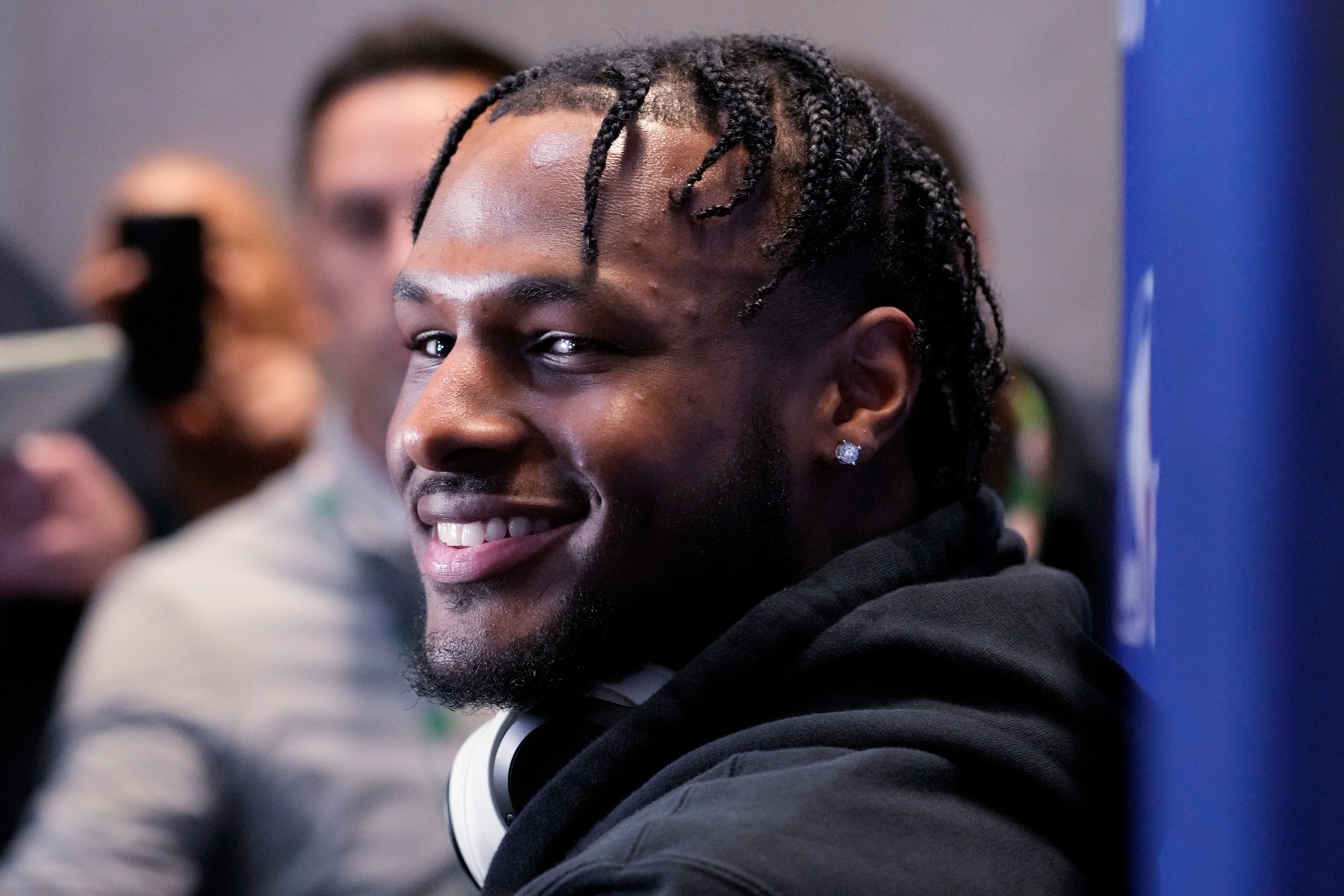 Bronny James smiles as he listens to reporters during the 2024 NBA basketball Draft Combine in Chicago, Tuesday, May 14, 2024. (AP Photo/Nam Y. Huh)