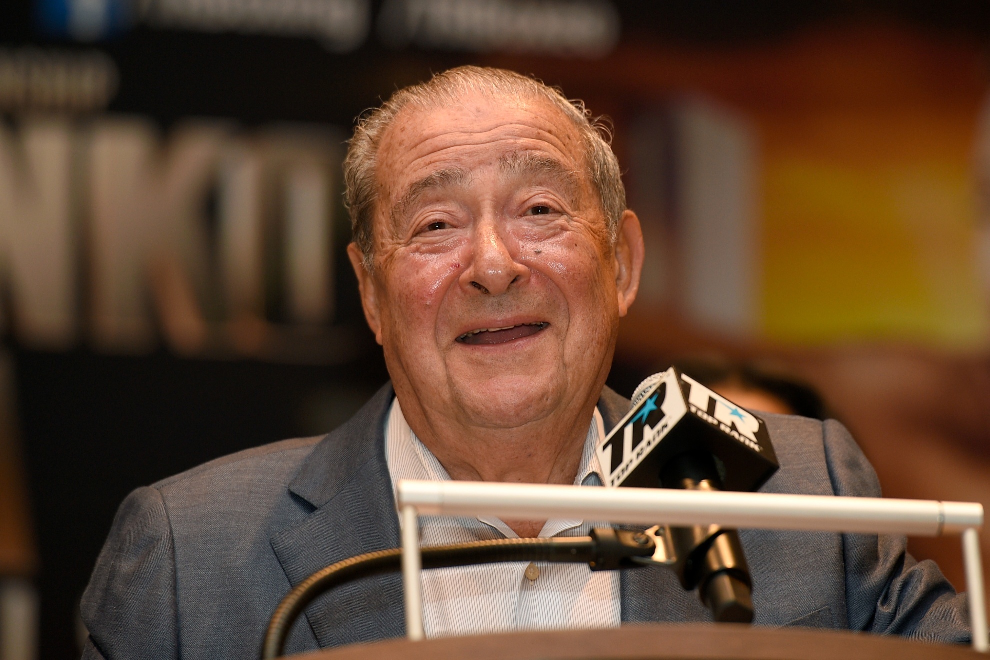 This is an April 6, 2017, file photo showing boxing promoter Bob Arum speaking at a boxing press conference in Oxon Hill, Md. Arum says he plans to stage a card of five fights on June 9 at the MGM Grand. Its the first of a series of fights over the next two months at the Las Vegas hotel. A second fight card will be held two nights later. ESPN will televise both cards to kick off twice weekly shows at the hotel in June and July. The fights are pending approval of the Nevada Athletic Commission.(AP Photo/Nick Wass, File)