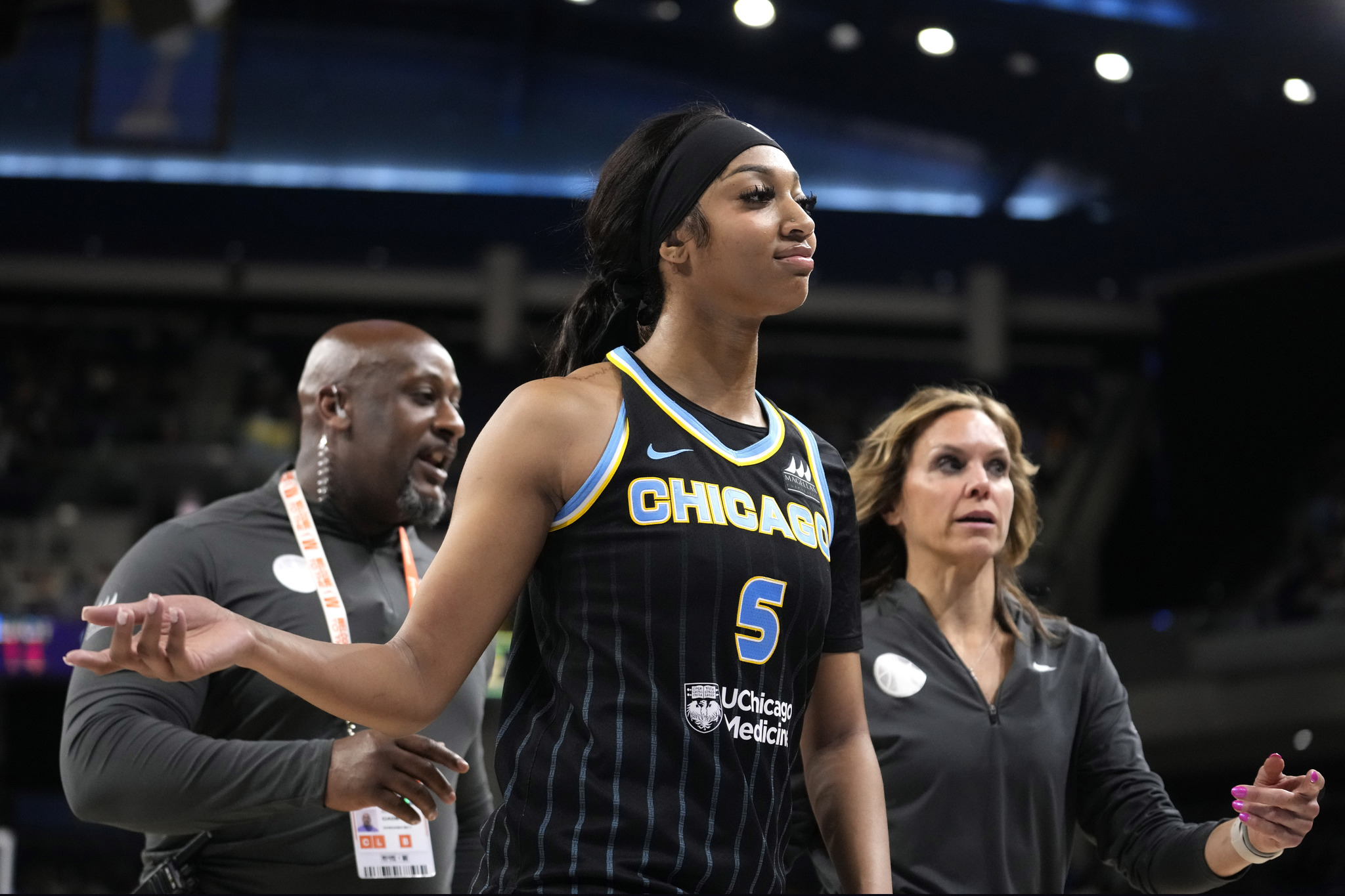 Chicago Skys Angel Reese heads to the locker room after being ejected from a WNBA basketball game