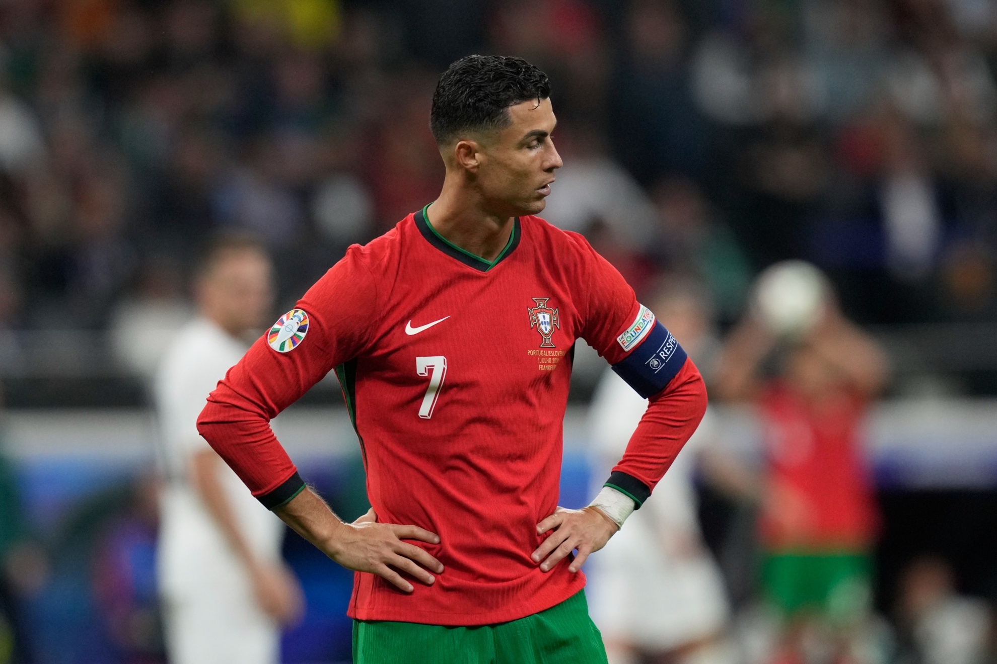 Portugals Cristiano Ronaldo gestures during a round of sixteen match against Slovenia at the Euro 2024 soccer tournament in Frankfurt, Germany, Monday, July 1, 2024. (AP Photo/Antonio Calanni)