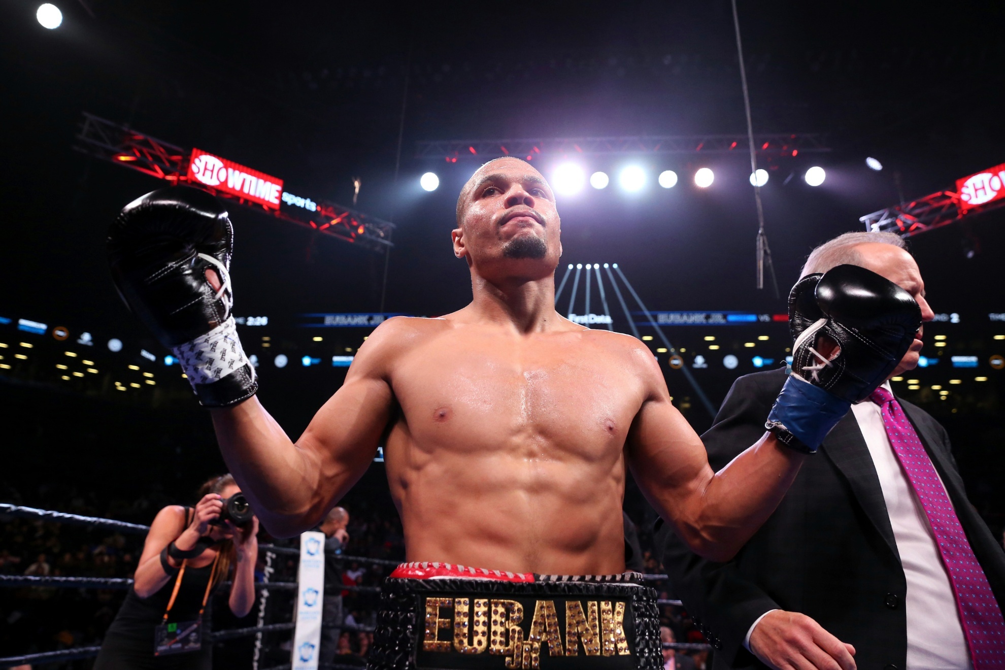 Britains Chris Eubank Jr. reacts after defeating Russias Matt Korobov during the second round of a WBA interim middleweight title boxing match Saturday, Dec. 7, 2019, in New York. (AP Photo/Michael Owens)
