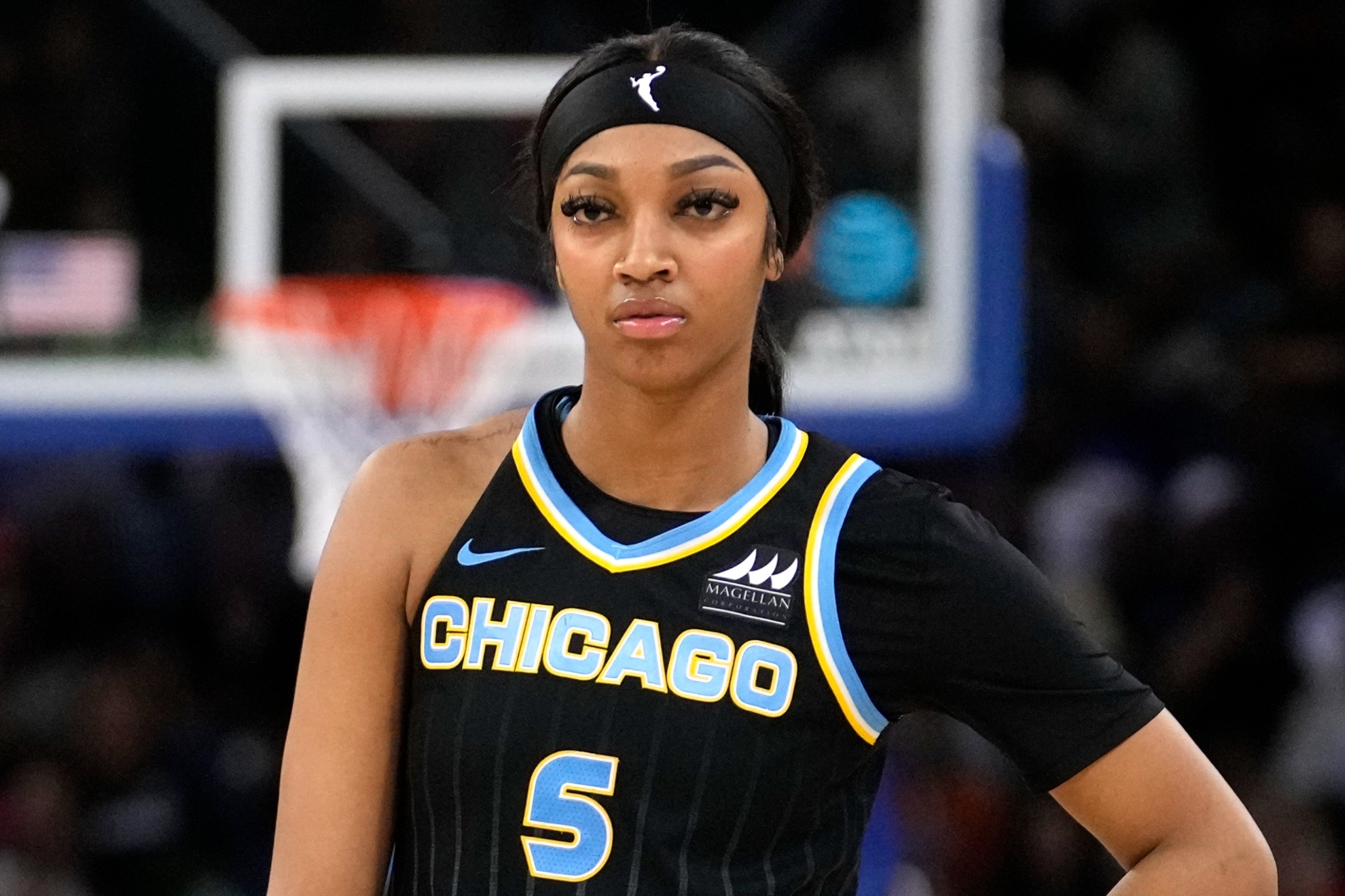 Chicago Skys Angel Reese waits for play to resume during a WNBA basketball game against the New York Liberty Tuesday, June 4, 2024, in Chicago. (AP Photo/Charles Rex Arbogast)