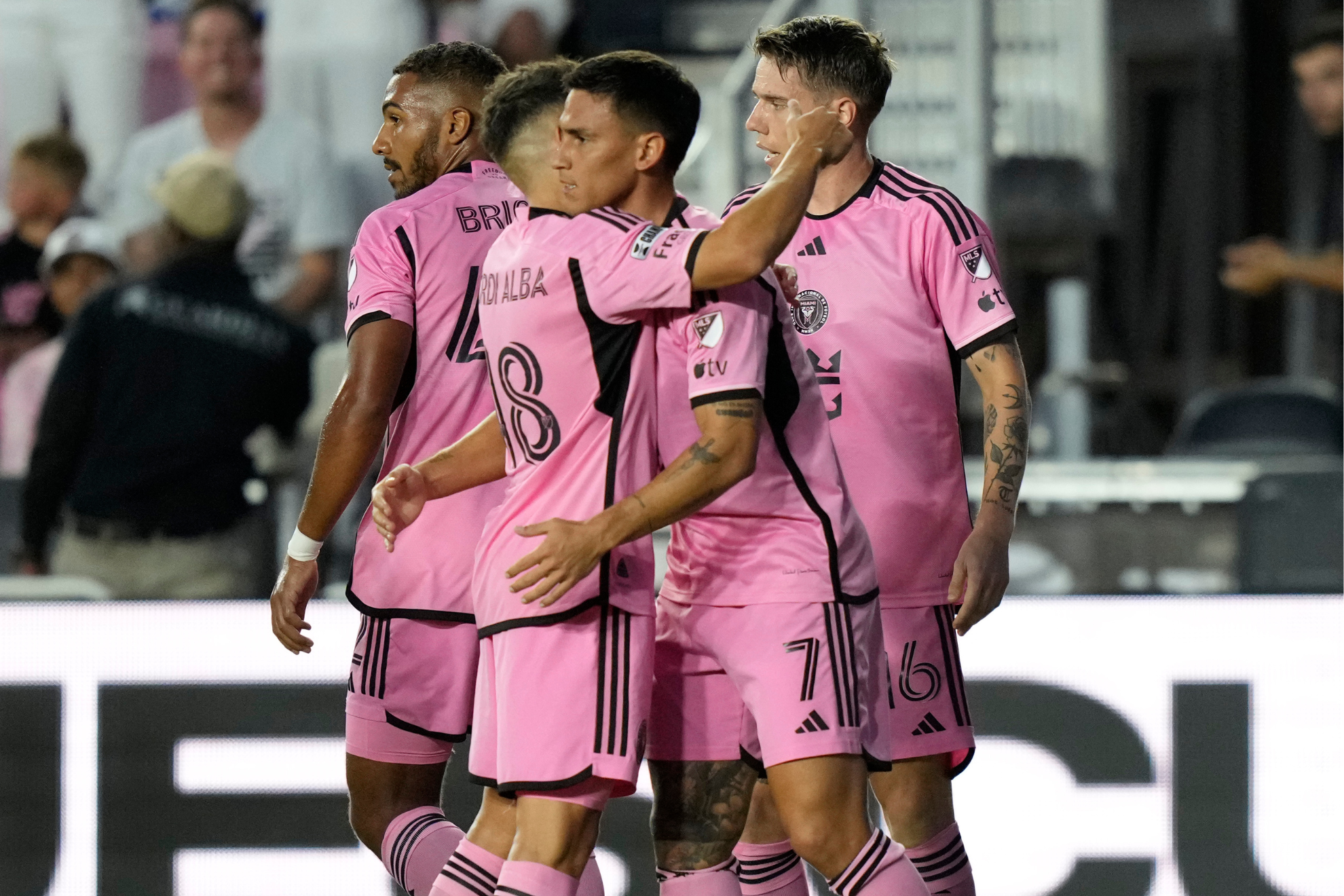 Inter Miami celebrate Matias Rojas goal against Puebla.