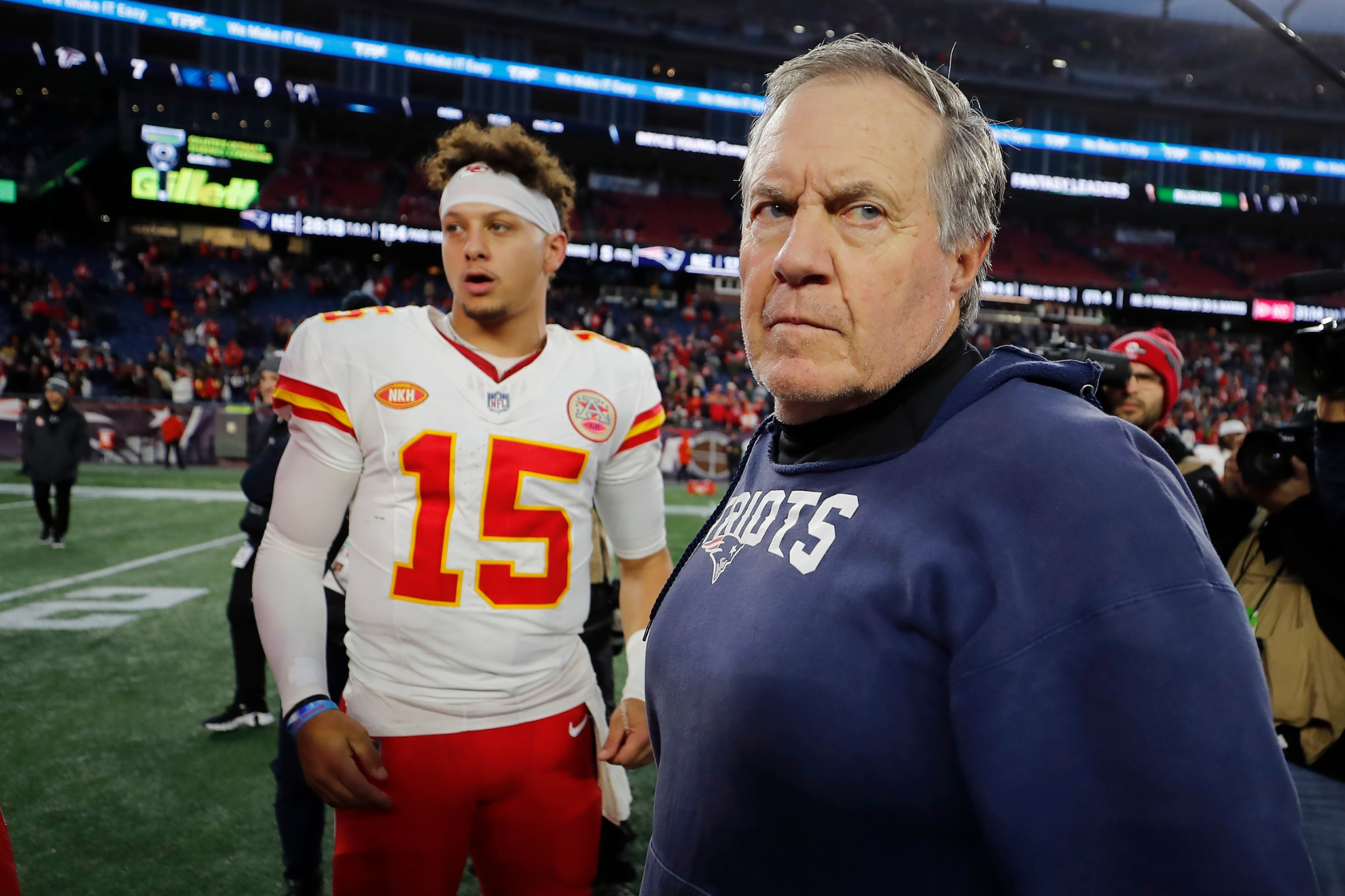 Bill Belichick and Patrick Mahomes after a Chiefs-Patriots game in 2023.