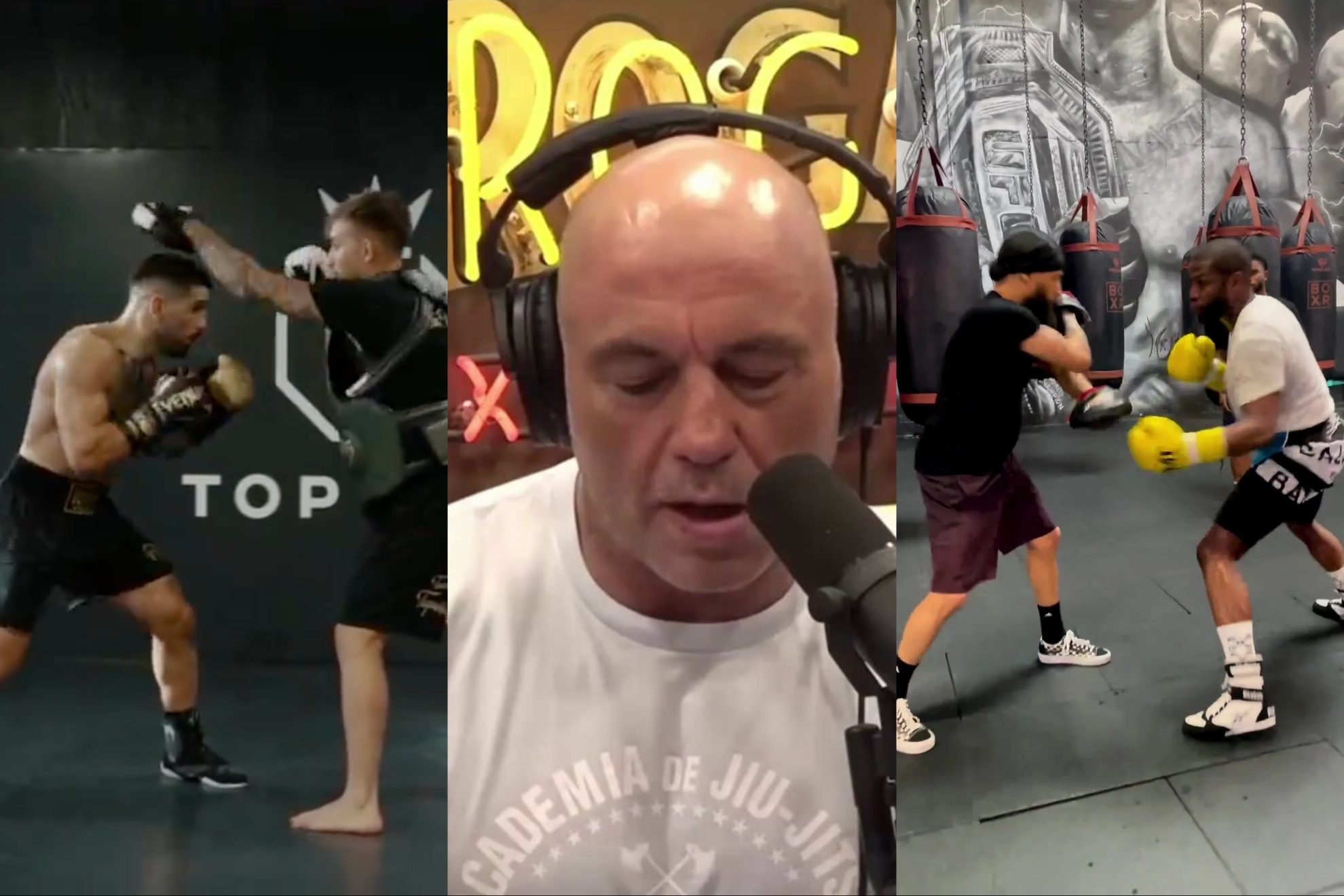 Joe Rogan, Ilia Topuria and Floyd Mayweather mashup image