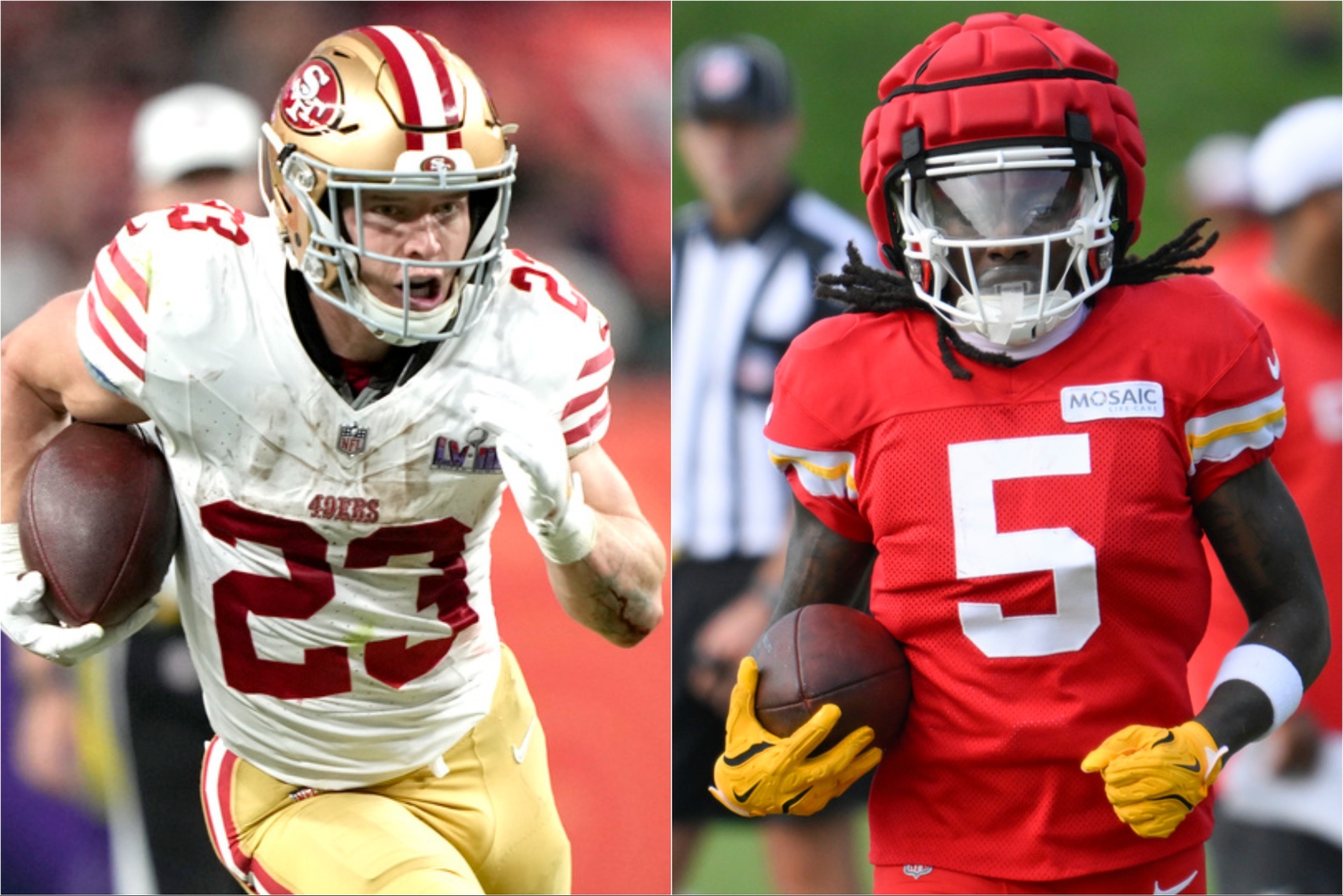 49ers star running back Christian McCaffrey and Chiefs wide receiver Marquise Brown.