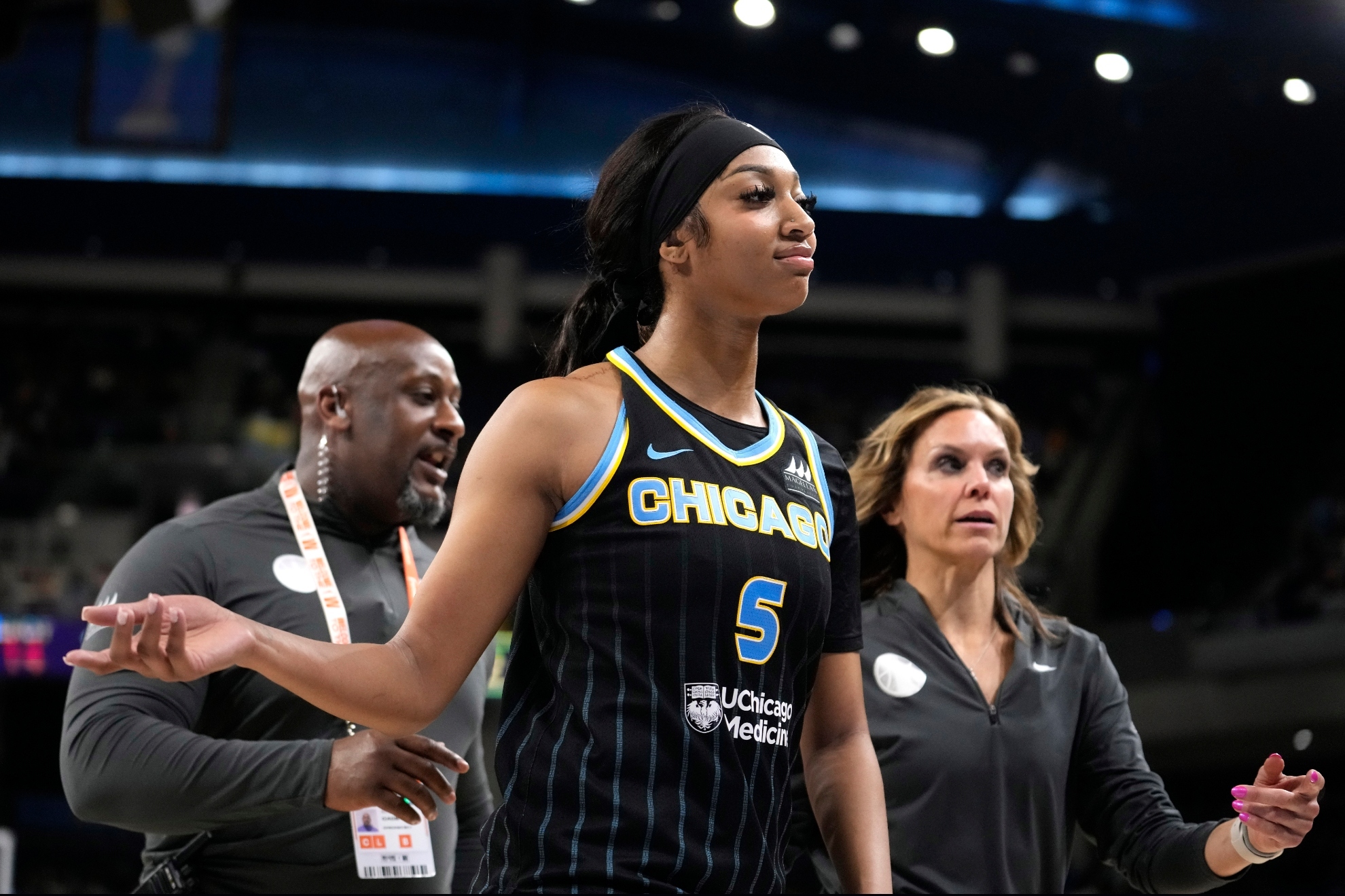 Chicago Skys Angel Reese heads to the locker room after being ejected from a WNBA basketball game against the New York Liberty during the second half Tuesday, June 4, 2024, in Chicago.