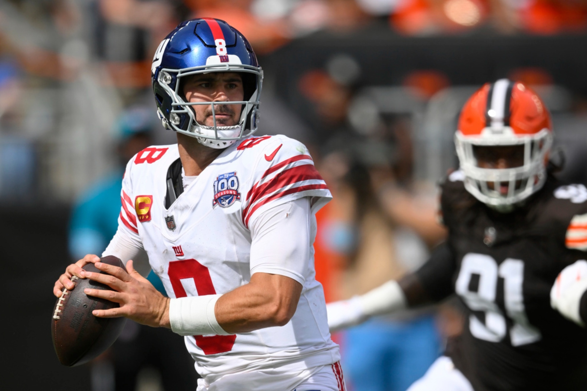 New York Giants Daniel Jones playing against the Cleveland Browns in the 2024 NFL season